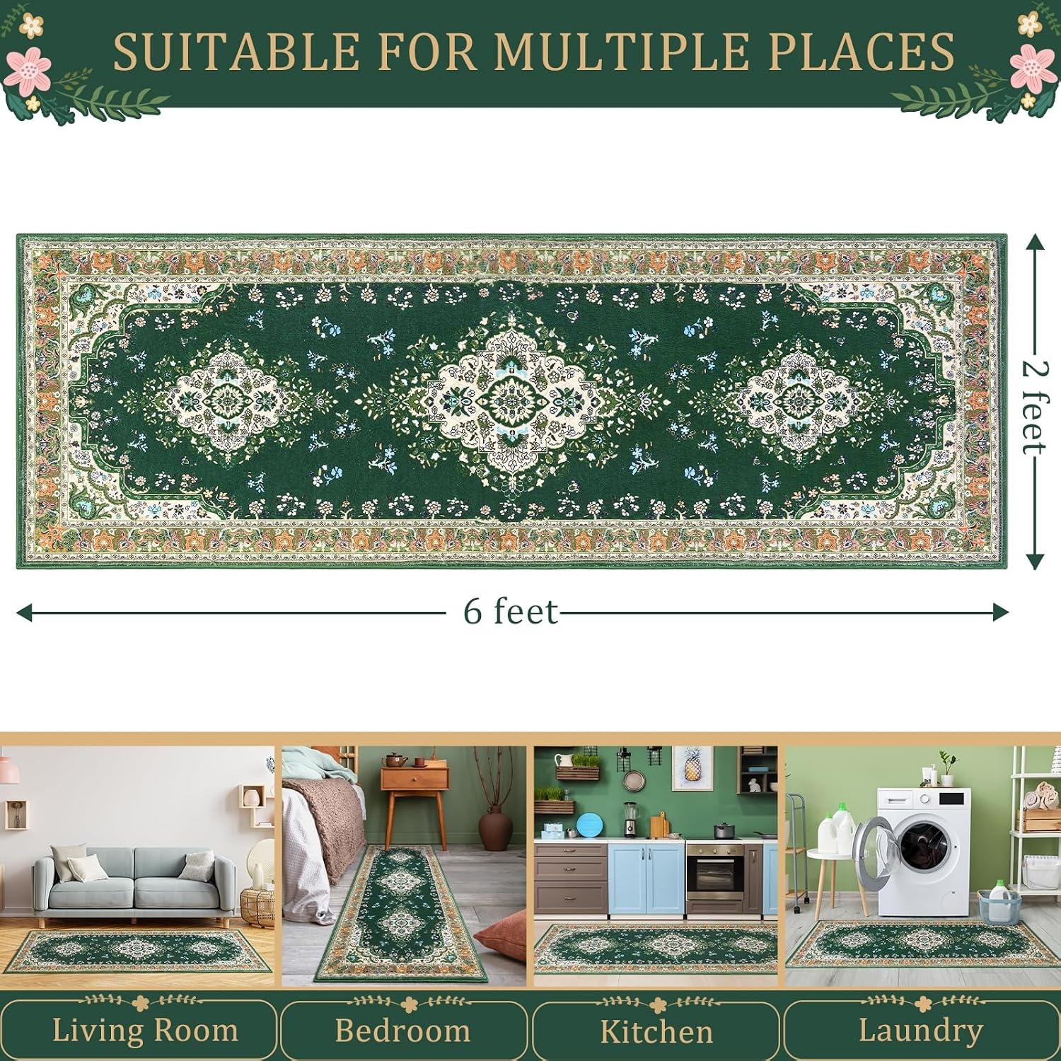 image:imageHOMORE Washable Area Rug 4x6 Black Rugs for Bedroom Living Room  Non Slip Low Pile Vintage Floral Throw Rugs for Entryway Kitchen Rug Dinning Room OfficeGreen