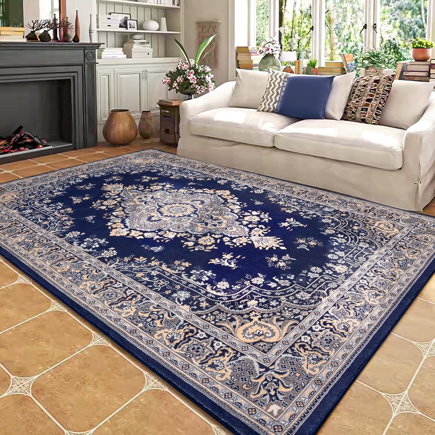 image:imageHOMORE Washable Area Rug 4x6 Black Rugs for Bedroom Living Room  Non Slip Low Pile Vintage Floral Throw Rugs for Entryway Kitchen Rug Dinning Room OfficeNavy Blue