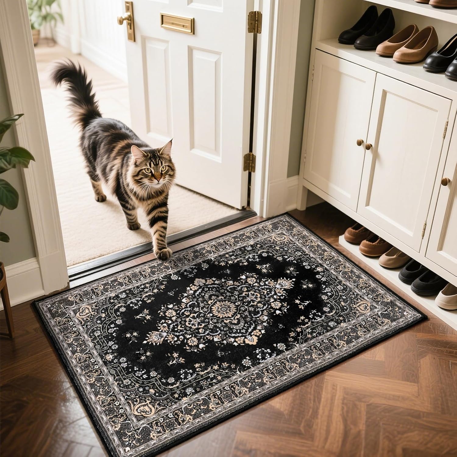 image:imageHOMORE Washable Area Rug 4x6 Black Rugs for Bedroom Living Room  Non Slip Low Pile Vintage Floral Throw Rugs for Entryway Kitchen Rug Dinning Room OfficeBlack