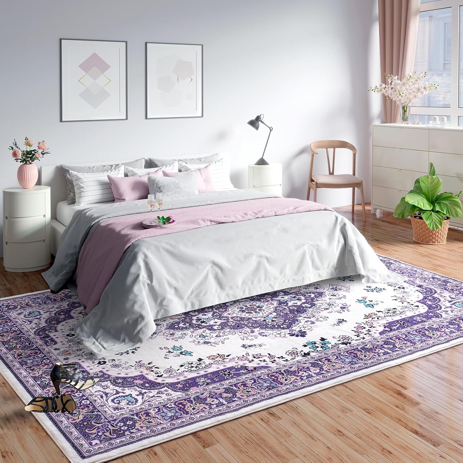 image:imageHOMORE Washable Area Rug 4x6 Black Rugs for Bedroom Living Room  Non Slip Low Pile Vintage Floral Throw Rugs for Entryway Kitchen Rug Dinning Room OfficePurple