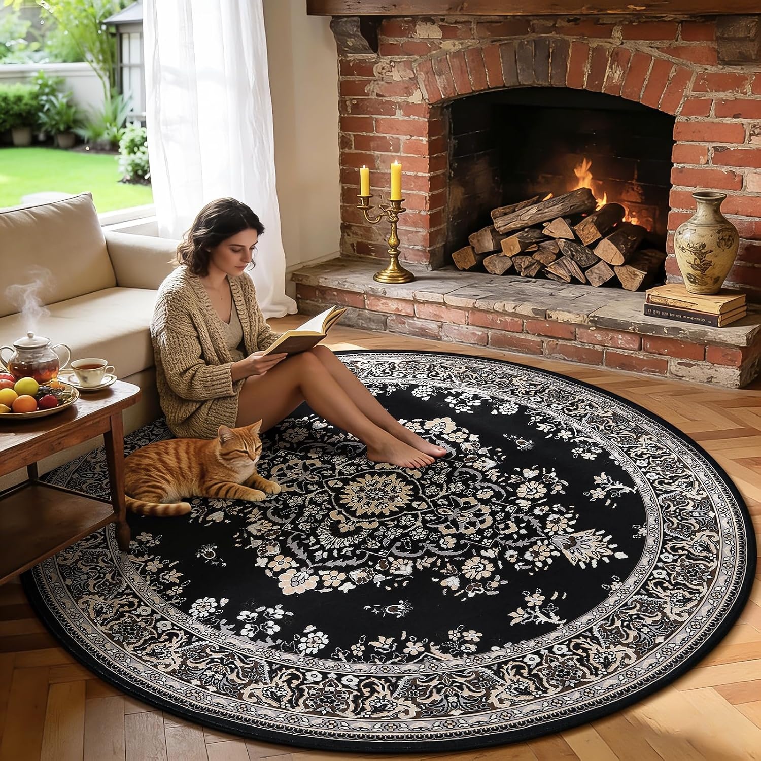 image:imageHOMORE Washable Area Rug 4x6 Black Rugs for Bedroom Living Room  Non Slip Low Pile Vintage Floral Throw Rugs for Entryway Kitchen Rug Dinning Room OfficeBlack