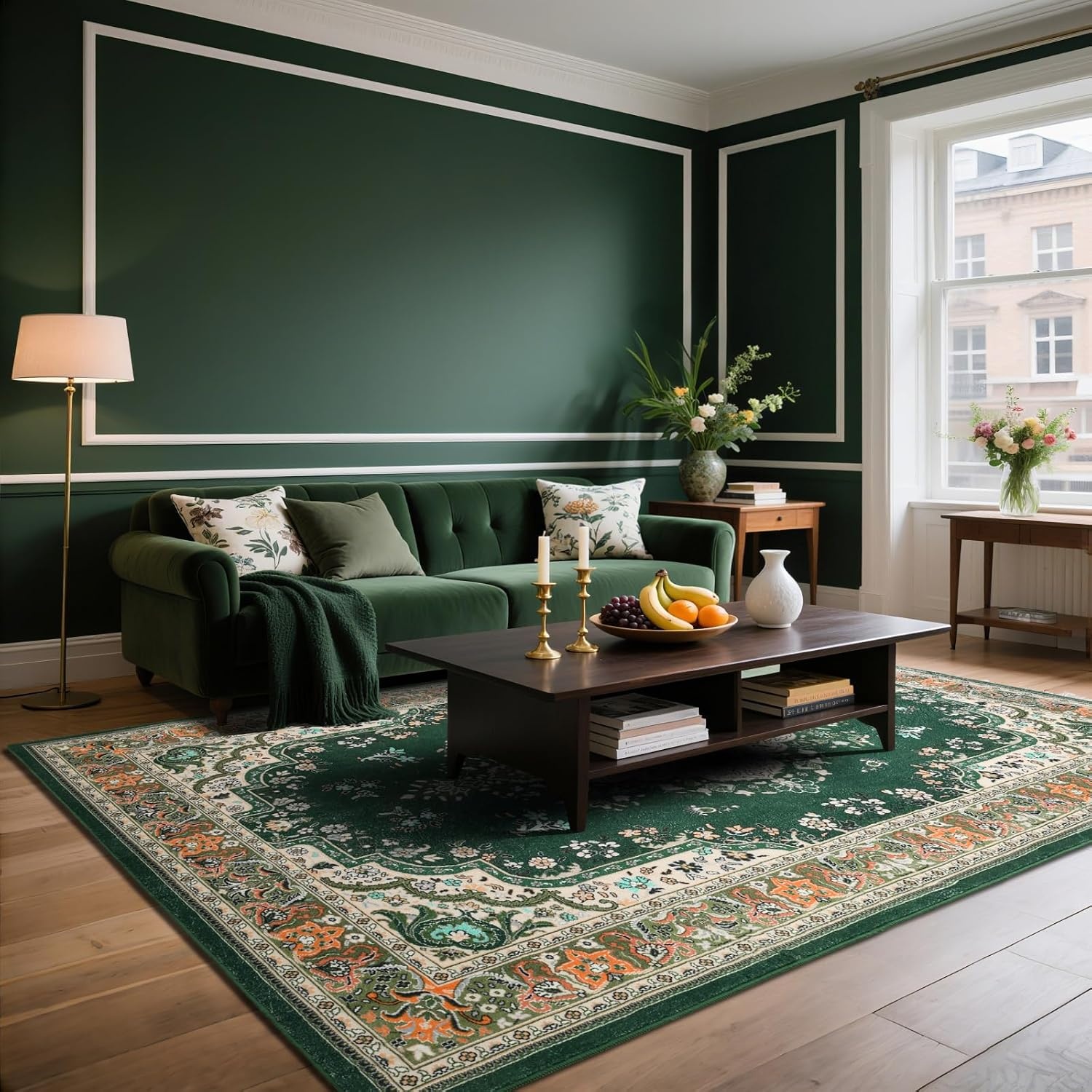 image:imageHOMORE Washable Area Rug 4x6 Black Rugs for Bedroom Living Room  Non Slip Low Pile Vintage Floral Throw Rugs for Entryway Kitchen Rug Dinning Room OfficeDeep Green