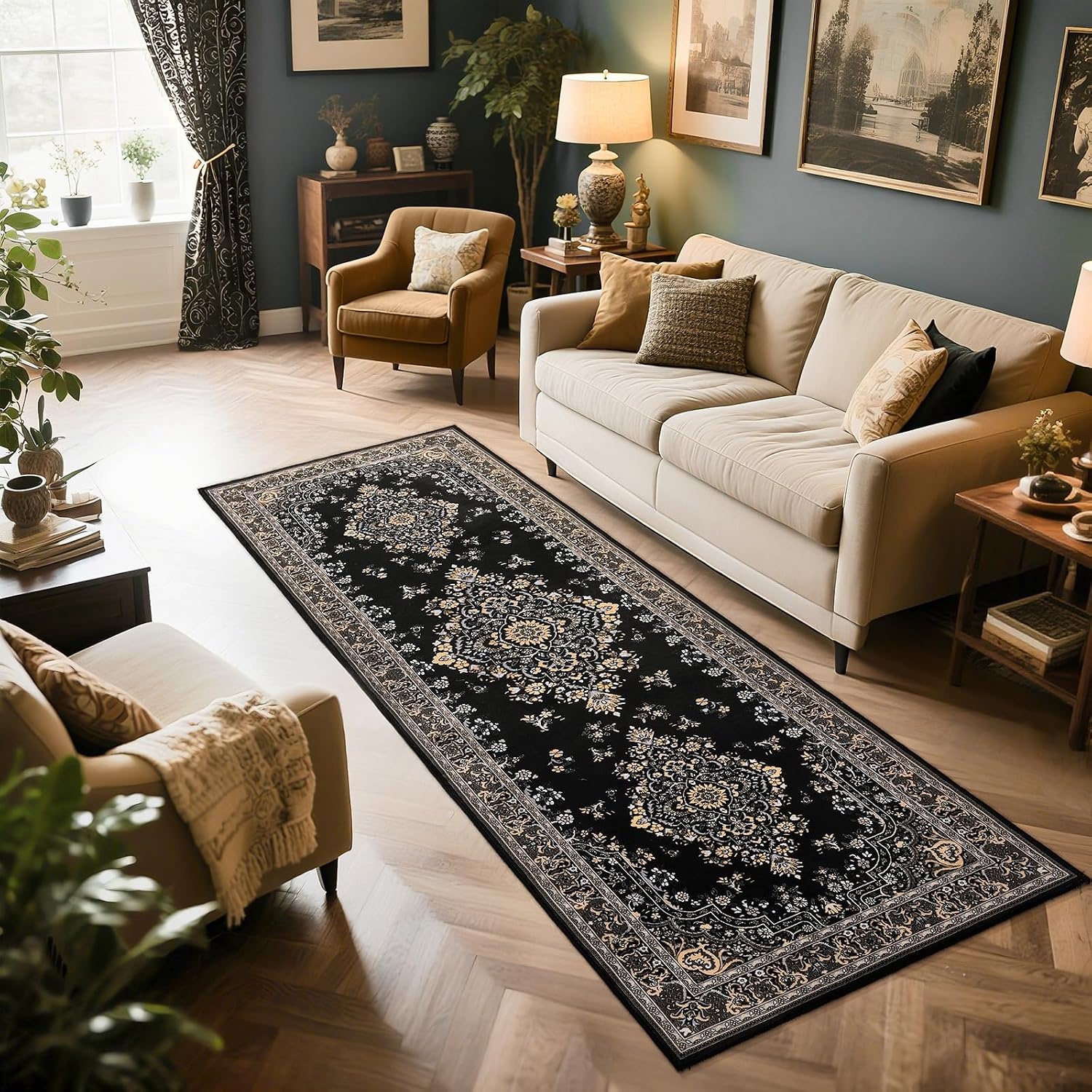 image:imageHOMORE Washable Area Rug 4x6 Black Rugs for Bedroom Living Room  Non Slip Low Pile Vintage Floral Throw Rugs for Entryway Kitchen Rug Dinning Room OfficeBlack