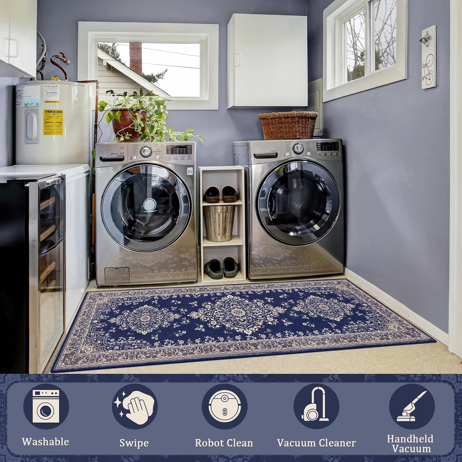 image:imageHOMORE Washable Area Rug 4x6 Black Rugs for Bedroom Living Room  Non Slip Low Pile Vintage Floral Throw Rugs for Entryway Kitchen Rug Dinning Room OfficeNavy Blue