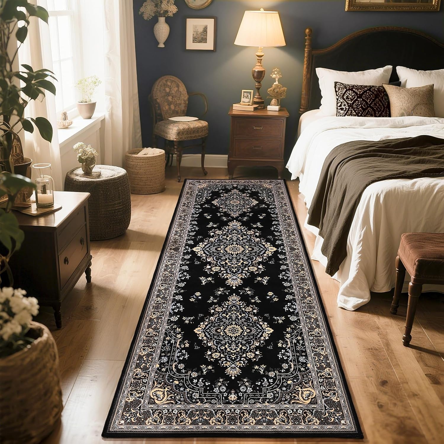 image:imageHOMORE Washable Area Rug 4x6 Black Rugs for Bedroom Living Room  Non Slip Low Pile Vintage Floral Throw Rugs for Entryway Kitchen Rug Dinning Room OfficeBlack