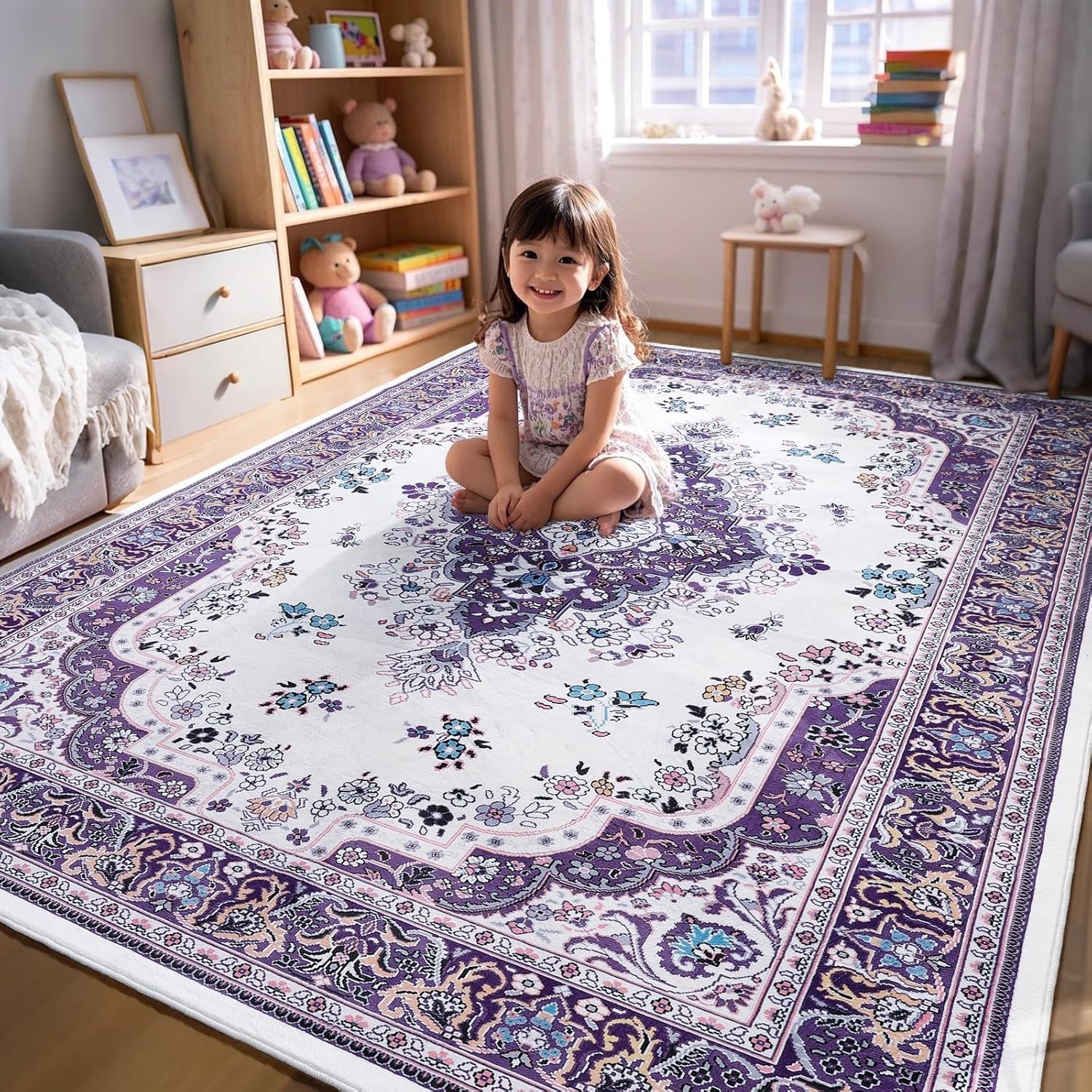 image:imageHOMORE Washable Area Rug 4x6 Black Rugs for Bedroom Living Room  Non Slip Low Pile Vintage Floral Throw Rugs for Entryway Kitchen Rug Dinning Room OfficePurple