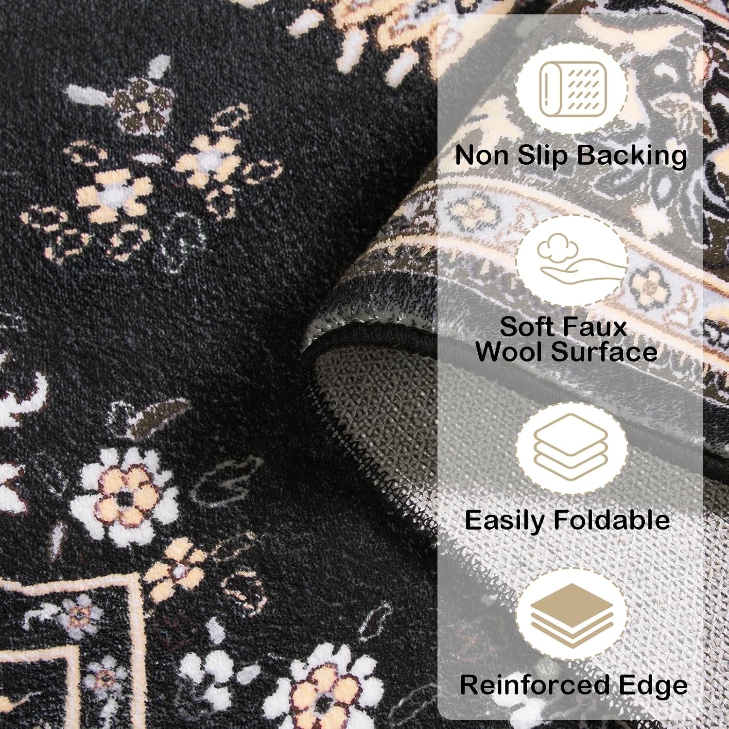 image:imageHOMORE Washable Area Rug 4x6 Black Rugs for Bedroom Living Room  Non Slip Low Pile Vintage Floral Throw Rugs for Entryway Kitchen Rug Dinning Room OfficeBlack