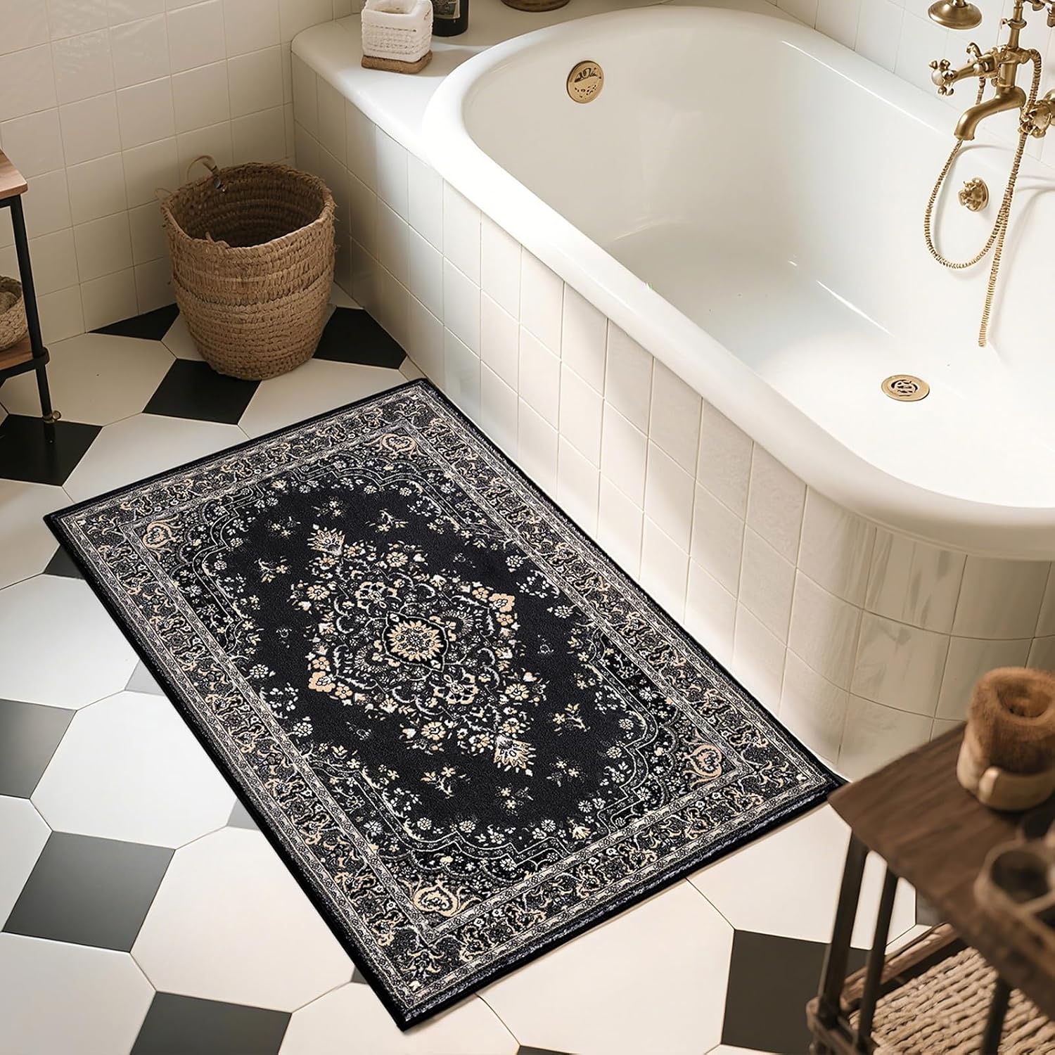 image:imageHOMORE Washable Area Rug 4x6 Black Rugs for Bedroom Living Room  Non Slip Low Pile Vintage Floral Throw Rugs for Entryway Kitchen Rug Dinning Room OfficeBlack