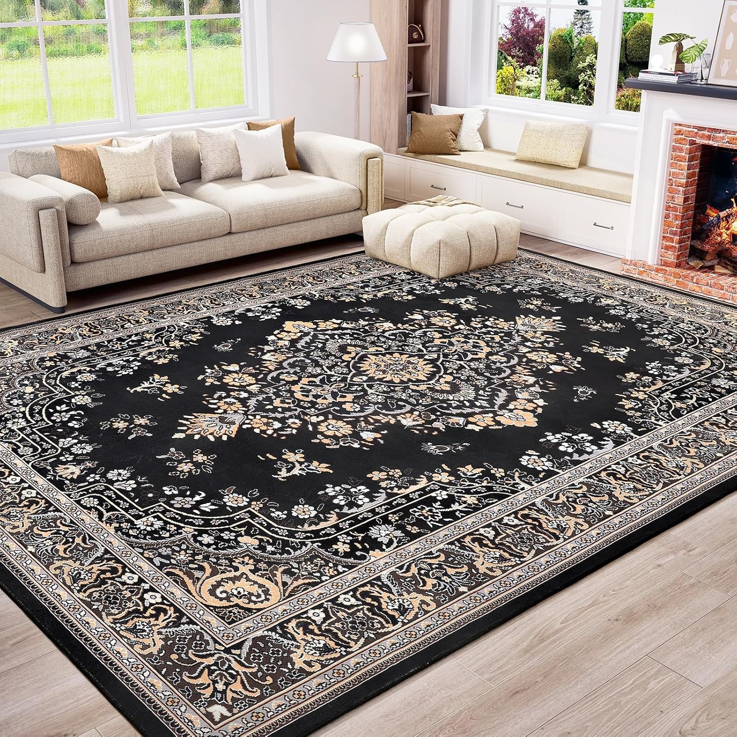 image:imageHOMORE Washable Area Rug 4x6 Black Rugs for Bedroom Living Room  Non Slip Low Pile Vintage Floral Throw Rugs for Entryway Kitchen Rug Dinning Room OfficeBlack