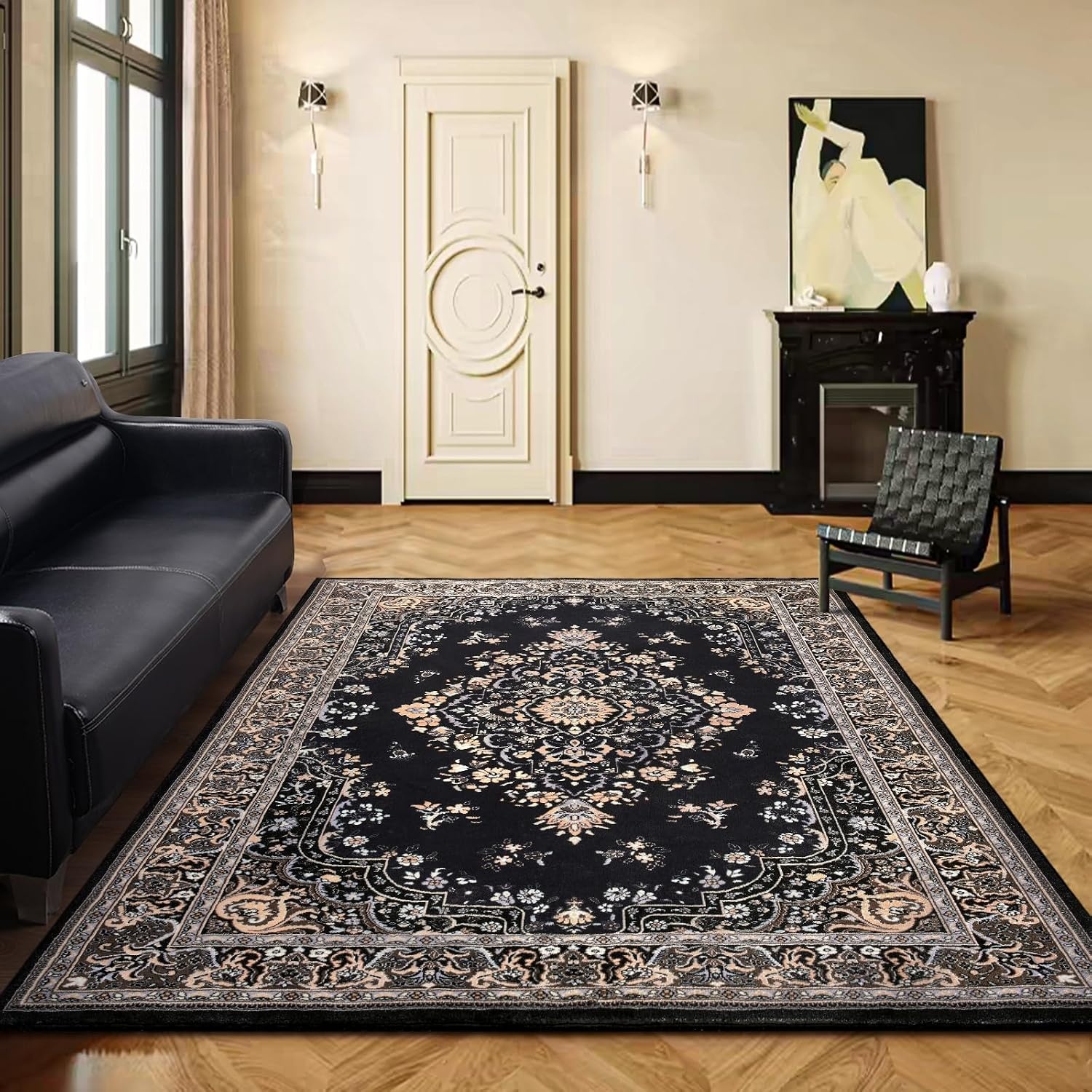 image:imageHOMORE Washable Area Rug 4x6 Black Rugs for Bedroom Living Room  Non Slip Low Pile Vintage Floral Throw Rugs for Entryway Kitchen Rug Dinning Room OfficeBlack