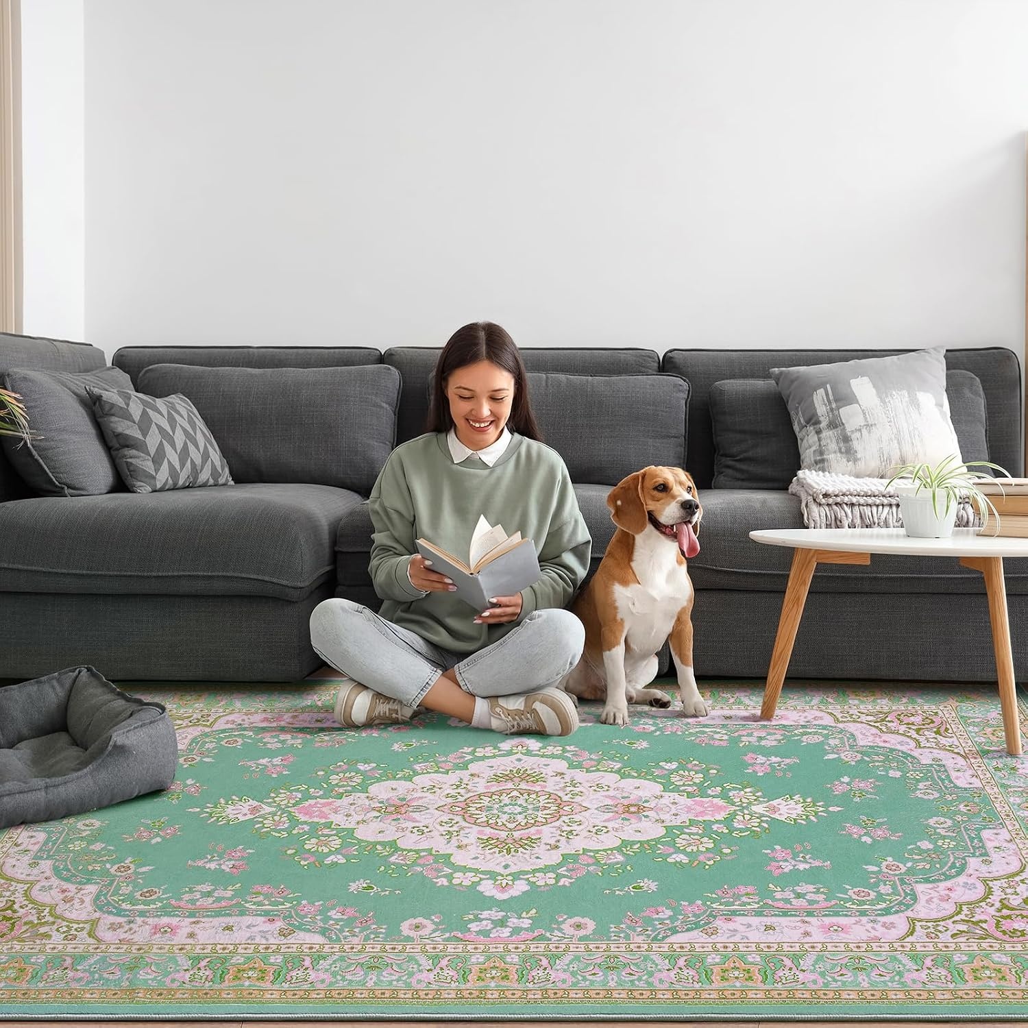 image:imageHOMORE Washable Area Rug 4x6 Black Rugs for Bedroom Living Room  Non Slip Low Pile Vintage Floral Throw Rugs for Entryway Kitchen Rug Dinning Room OfficeGreen