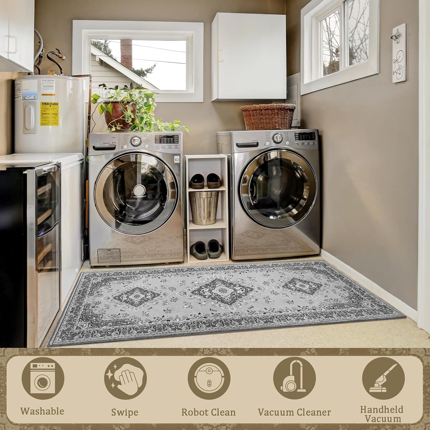 image:imageHOMORE Washable Area Rug 4x6 Black Rugs for Bedroom Living Room  Non Slip Low Pile Vintage Floral Throw Rugs for Entryway Kitchen Rug Dinning Room OfficeGrey