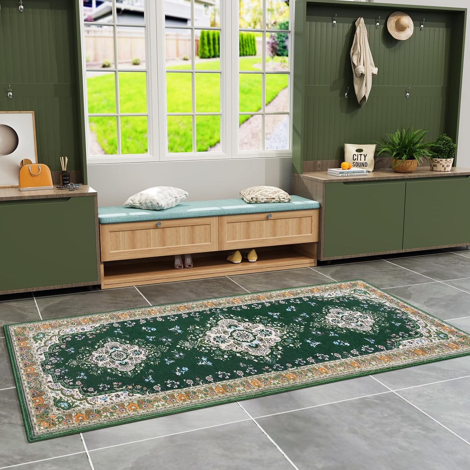 image:imageHOMORE Washable Area Rug 4x6 Black Rugs for Bedroom Living Room  Non Slip Low Pile Vintage Floral Throw Rugs for Entryway Kitchen Rug Dinning Room OfficeGreen