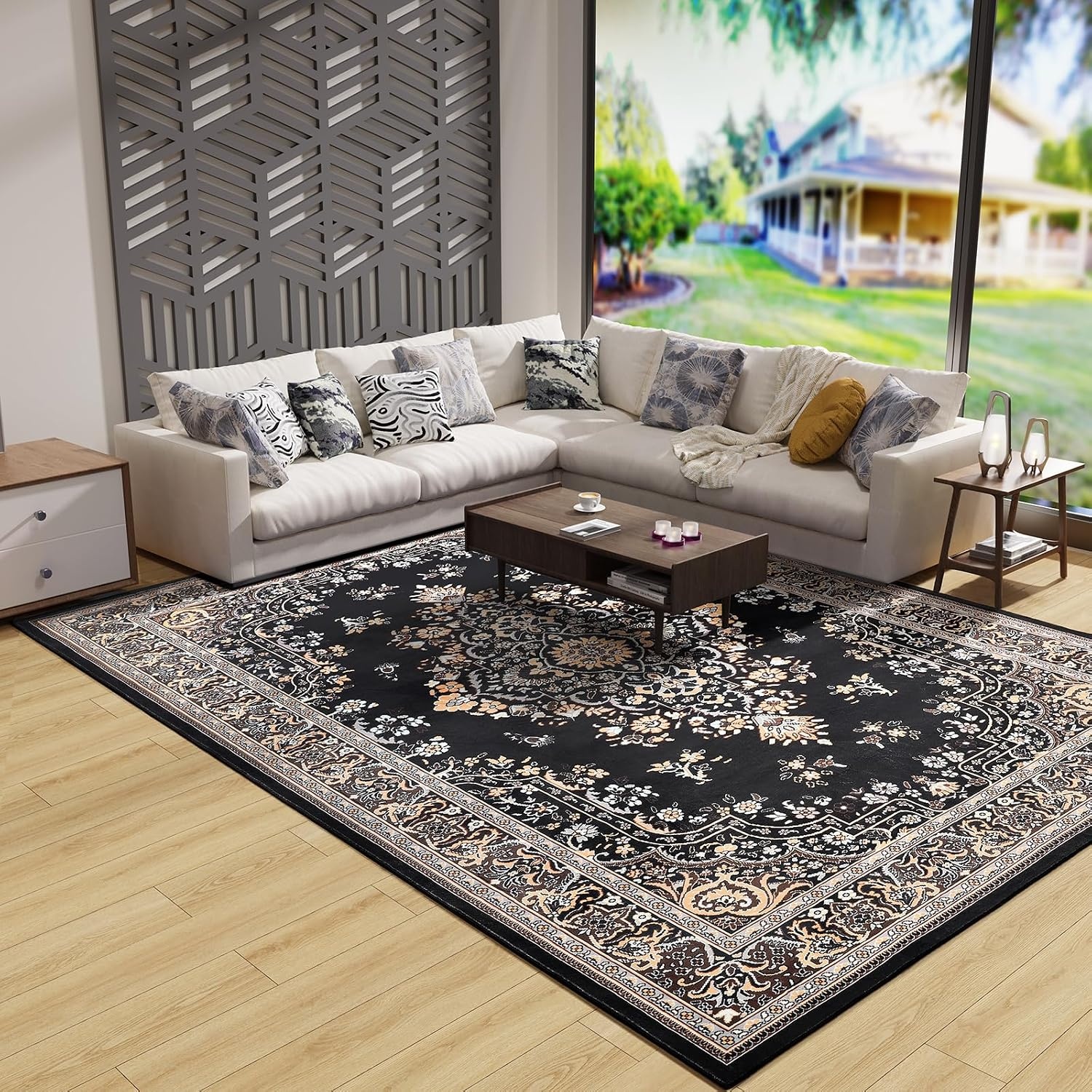 image:imageHOMORE Washable Area Rug 4x6 Black Rugs for Bedroom Living Room  Non Slip Low Pile Vintage Floral Throw Rugs for Entryway Kitchen Rug Dinning Room OfficeBlack