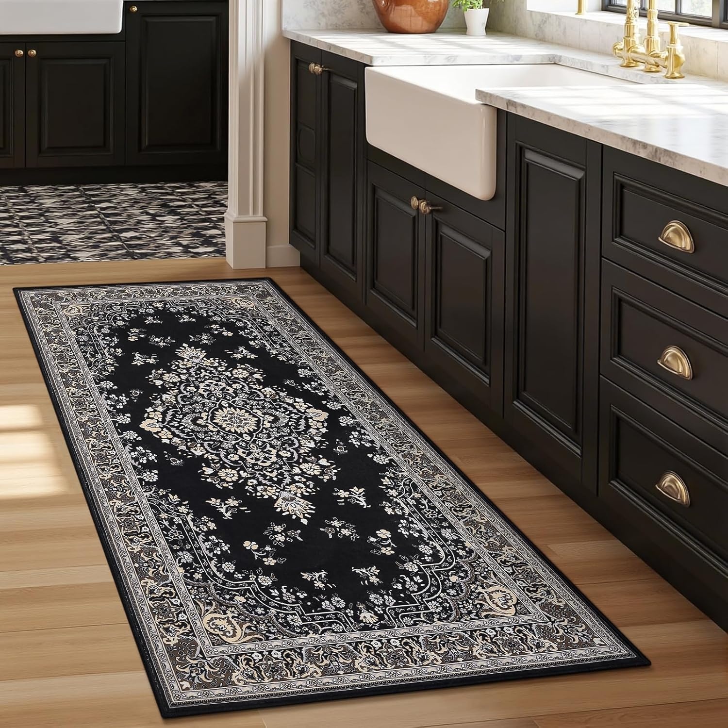 image:imageHOMORE Washable Area Rug 4x6 Black Rugs for Bedroom Living Room  Non Slip Low Pile Vintage Floral Throw Rugs for Entryway Kitchen Rug Dinning Room OfficeBlack