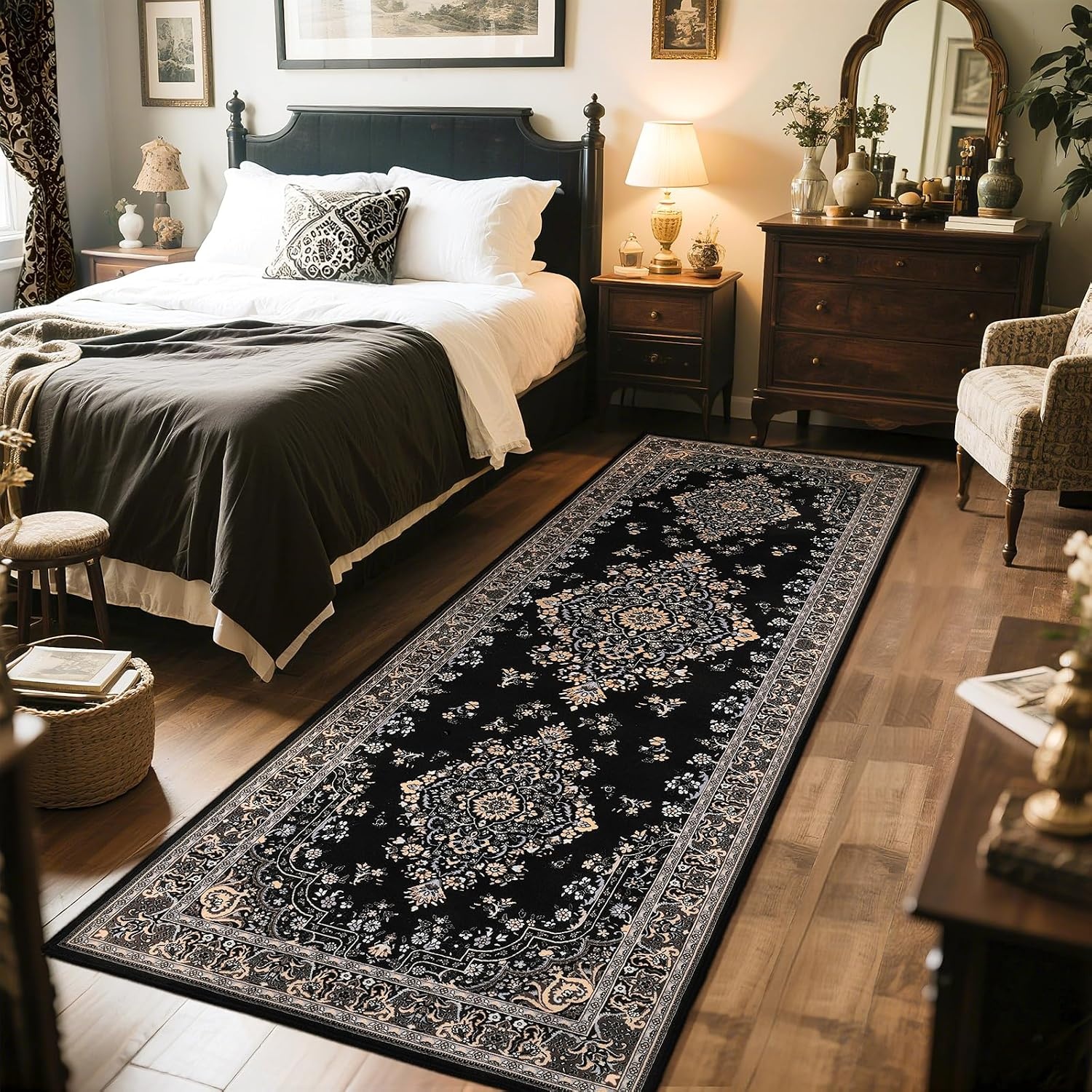 image:imageHOMORE Washable Area Rug 4x6 Black Rugs for Bedroom Living Room  Non Slip Low Pile Vintage Floral Throw Rugs for Entryway Kitchen Rug Dinning Room OfficeBlack