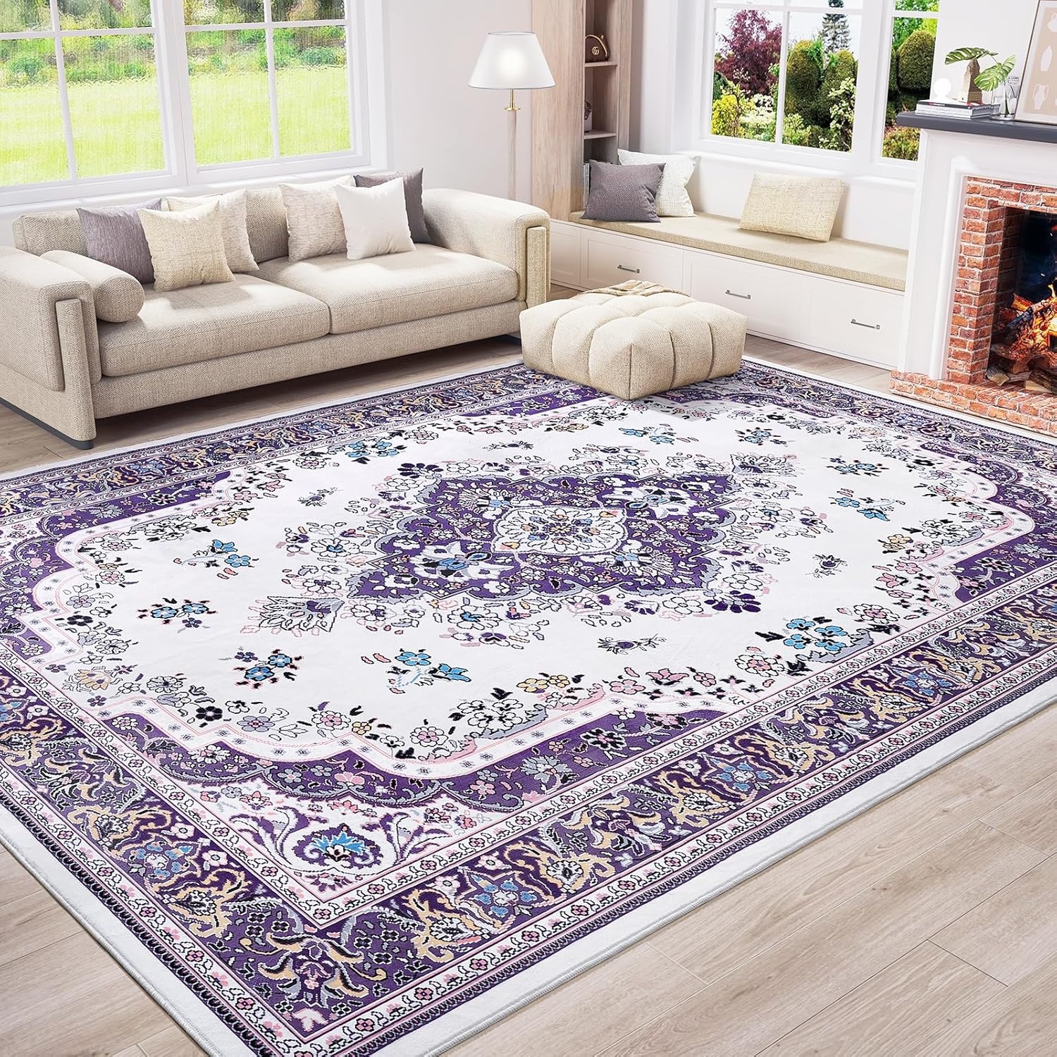 image:imageHOMORE Washable Area Rug 4x6 Black Rugs for Bedroom Living Room  Non Slip Low Pile Vintage Floral Throw Rugs for Entryway Kitchen Rug Dinning Room OfficePurple
