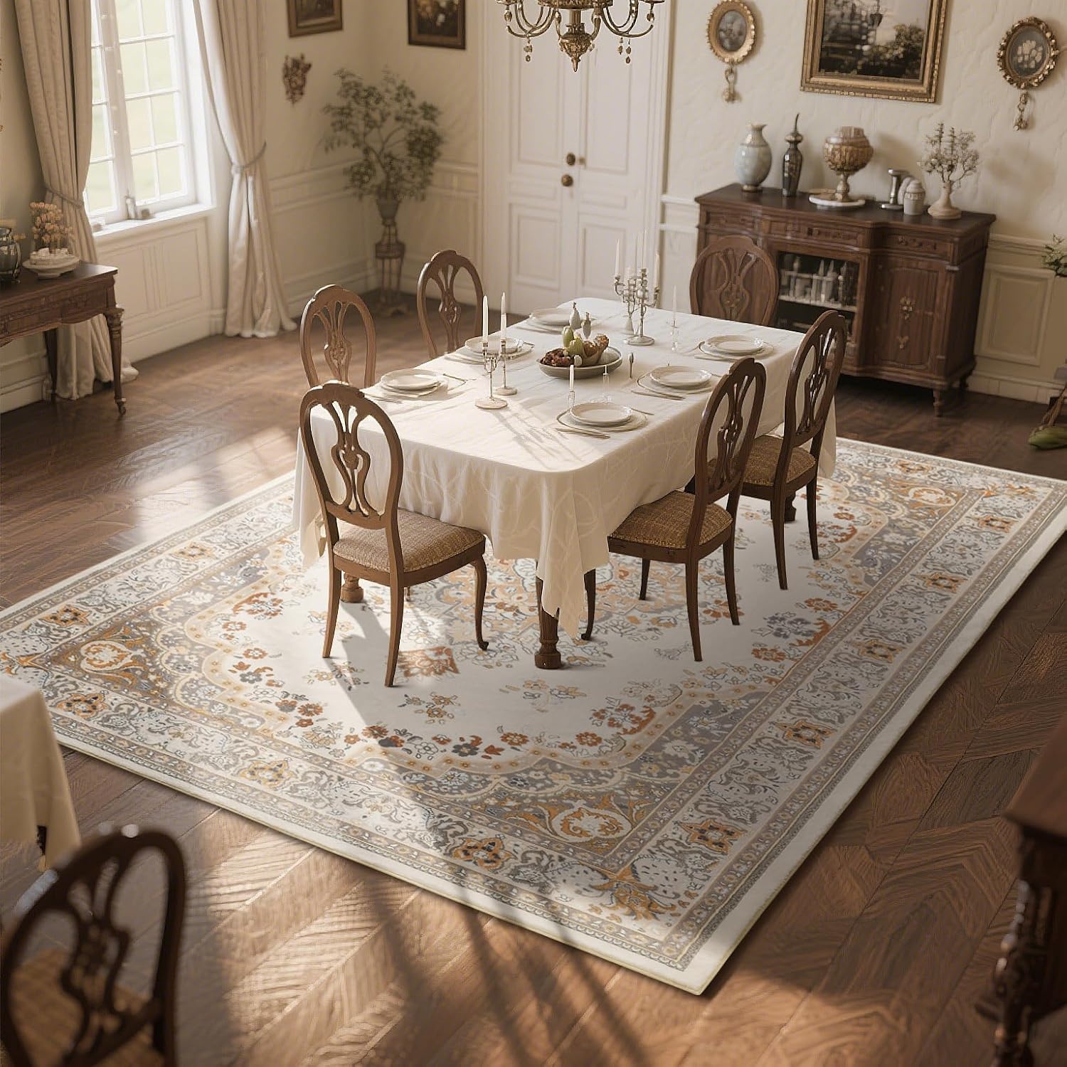 image:imageHOMORE Washable Area Rug 4x6 Black Rugs for Bedroom Living Room  Non Slip Low Pile Vintage Floral Throw Rugs for Entryway Kitchen Rug Dinning Room OfficeBeige