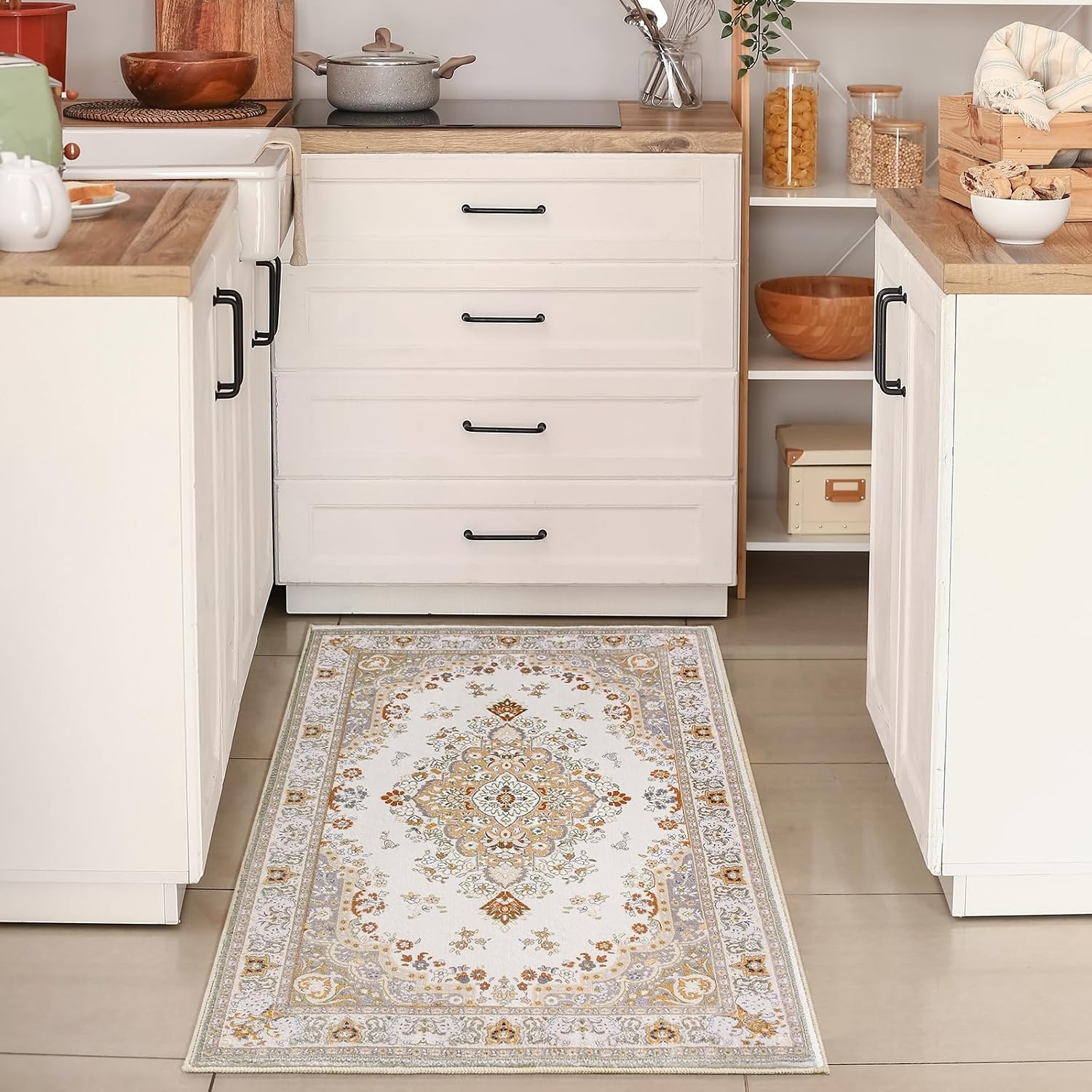 image:imageHOMORE Washable Area Rug 4x6 Black Rugs for Bedroom Living Room  Non Slip Low Pile Vintage Floral Throw Rugs for Entryway Kitchen Rug Dinning Room OfficeBeige