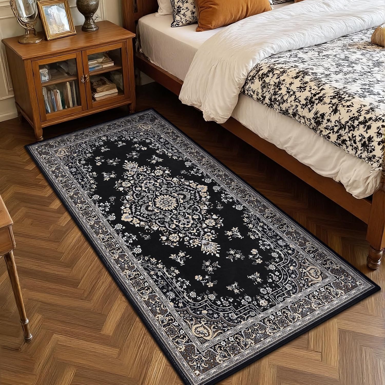 image:imageHOMORE Washable Area Rug 4x6 Black Rugs for Bedroom Living Room  Non Slip Low Pile Vintage Floral Throw Rugs for Entryway Kitchen Rug Dinning Room OfficeBlack