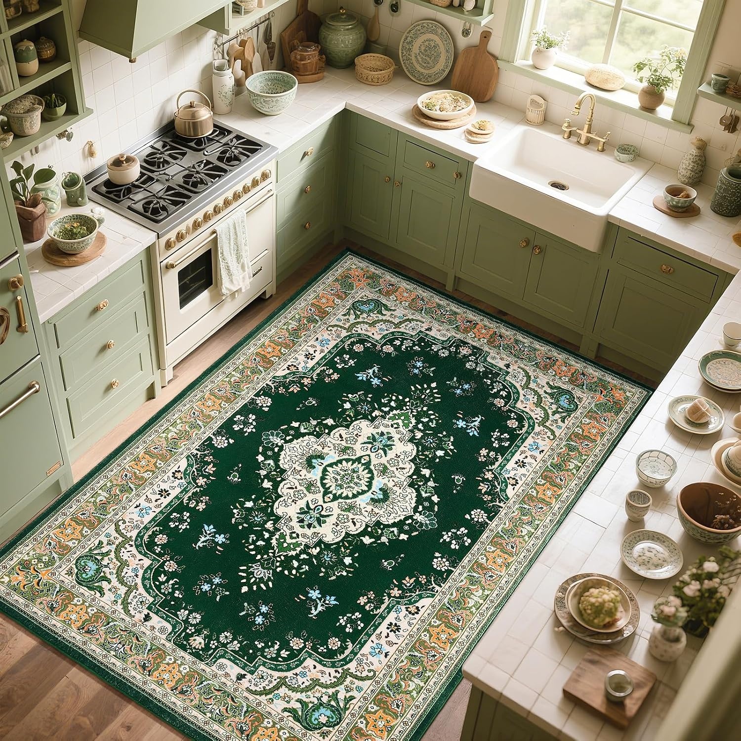image:imageHOMORE Washable Area Rug 4x6 Black Rugs for Bedroom Living Room  Non Slip Low Pile Vintage Floral Throw Rugs for Entryway Kitchen Rug Dinning Room OfficeDeep Green