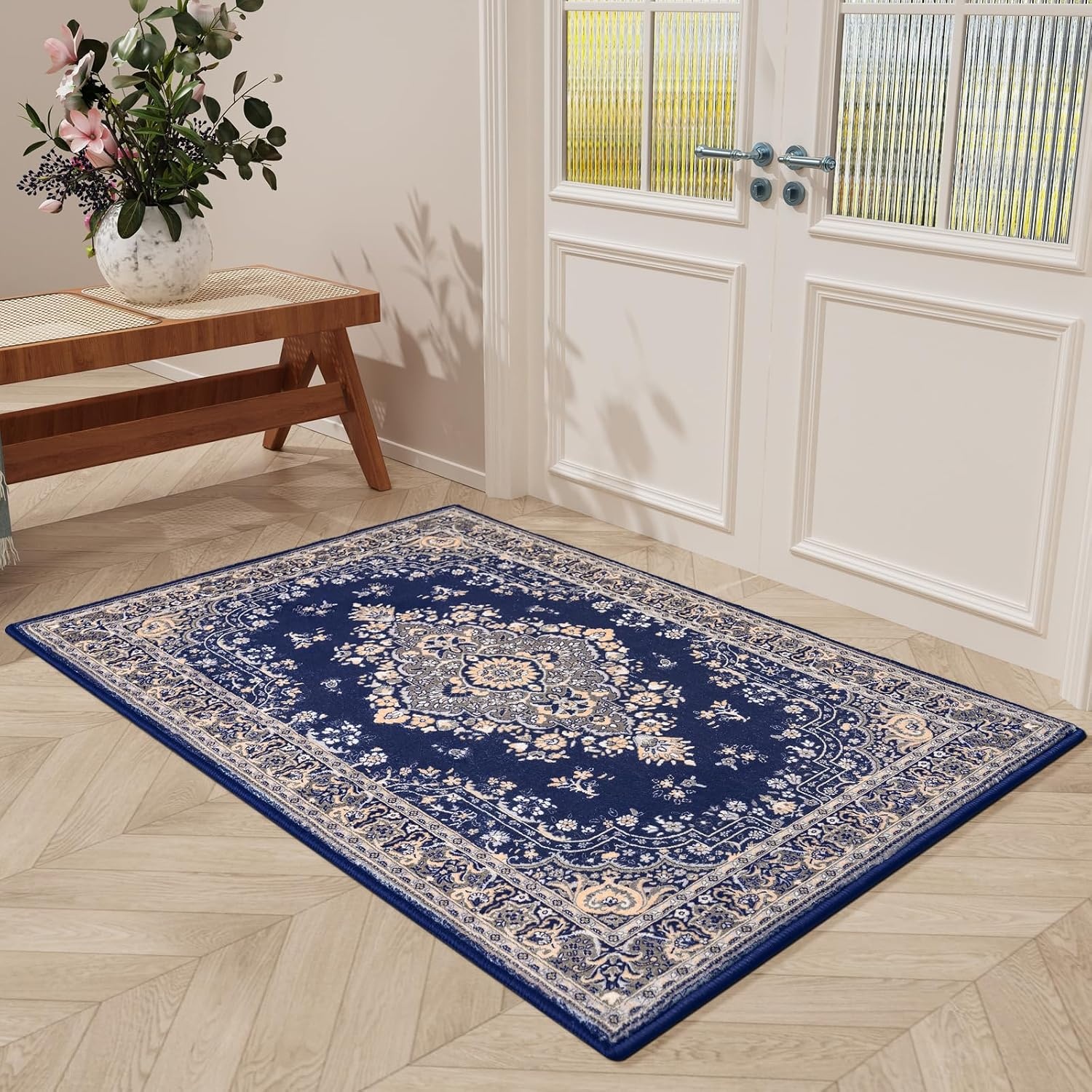 image:imageHOMORE Washable Area Rug 4x6 Black Rugs for Bedroom Living Room  Non Slip Low Pile Vintage Floral Throw Rugs for Entryway Kitchen Rug Dinning Room OfficeNavy Blue