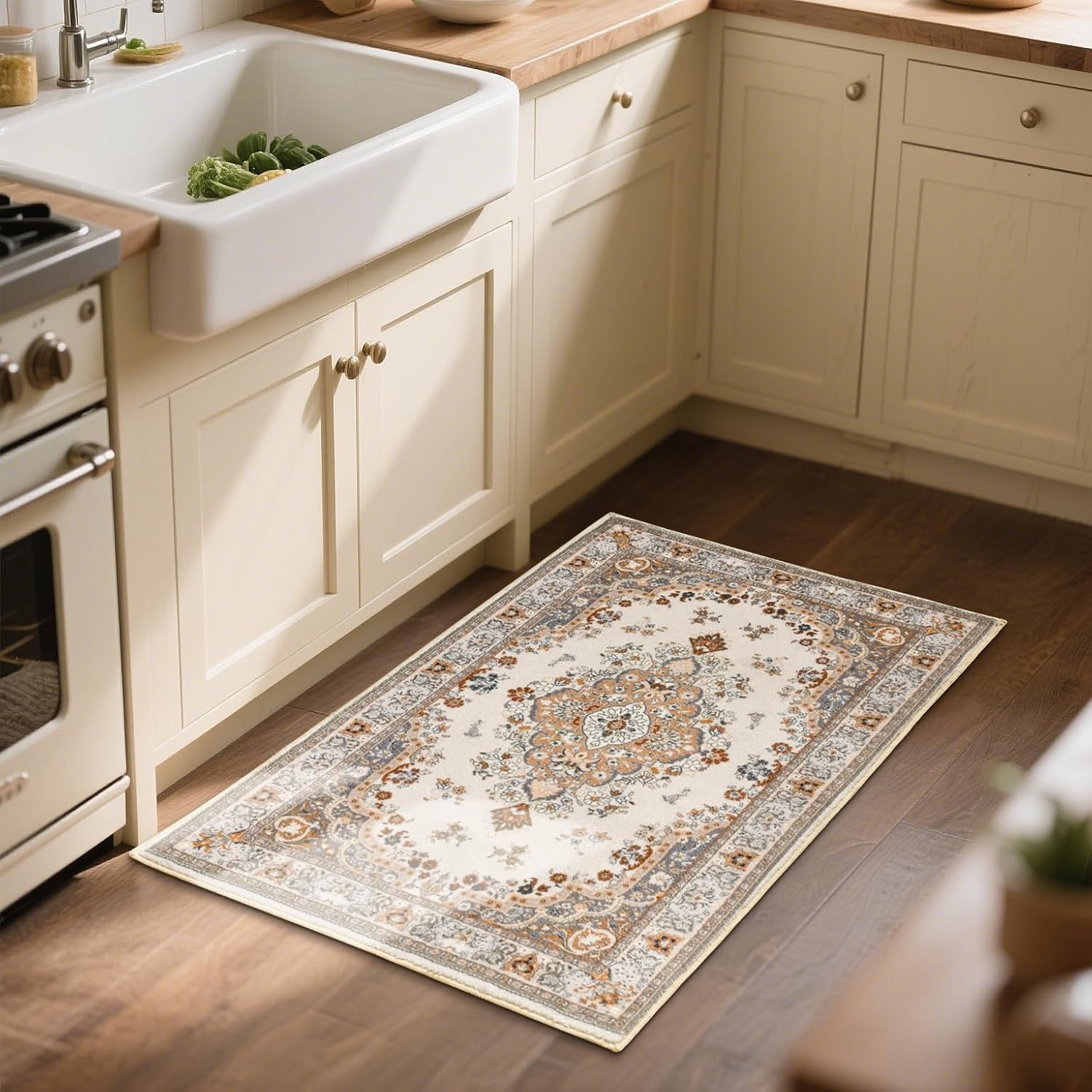 image:imageHOMORE Washable Area Rug 4x6 Black Rugs for Bedroom Living Room  Non Slip Low Pile Vintage Floral Throw Rugs for Entryway Kitchen Rug Dinning Room OfficeBeige