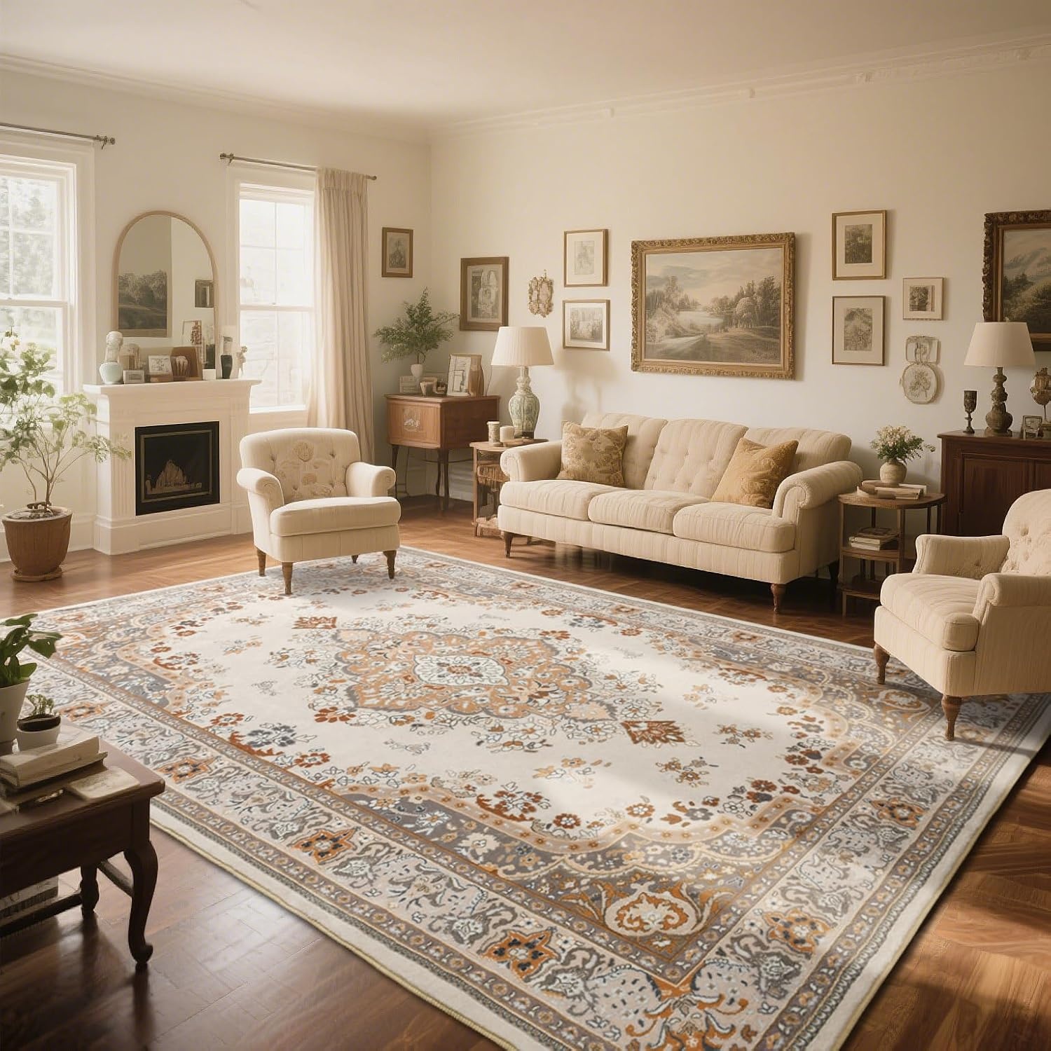 image:imageHOMORE Washable Area Rug 4x6 Black Rugs for Bedroom Living Room  Non Slip Low Pile Vintage Floral Throw Rugs for Entryway Kitchen Rug Dinning Room OfficeBeige
