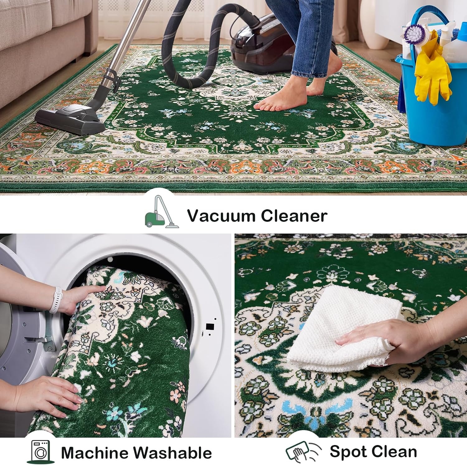 image:imageHOMORE Washable Area Rug 4x6 Black Rugs for Bedroom Living Room  Non Slip Low Pile Vintage Floral Throw Rugs for Entryway Kitchen Rug Dinning Room OfficeDeep Green
