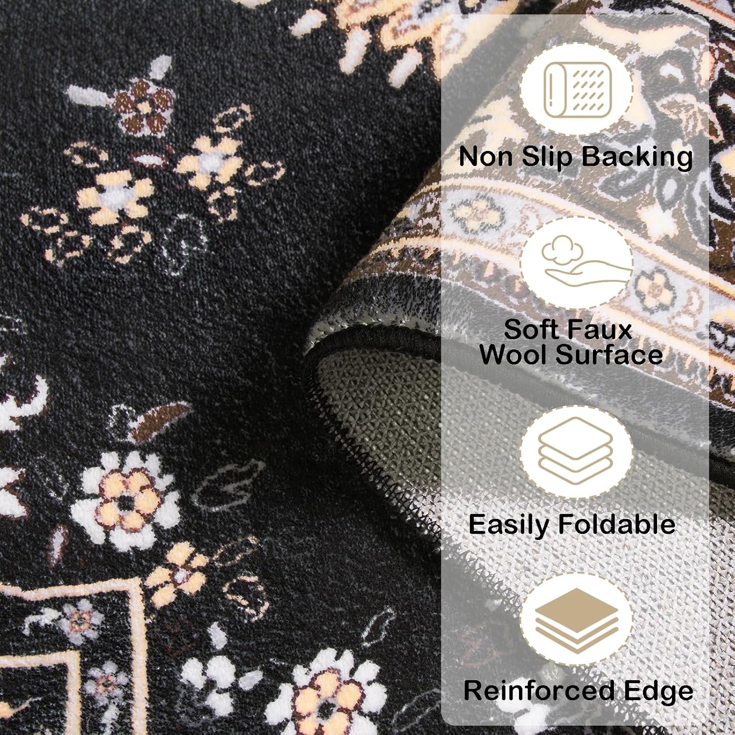 image:imageHOMORE Washable Area Rug 4x6 Black Rugs for Bedroom Living Room  Non Slip Low Pile Vintage Floral Throw Rugs for Entryway Kitchen Rug Dinning Room OfficeBlack