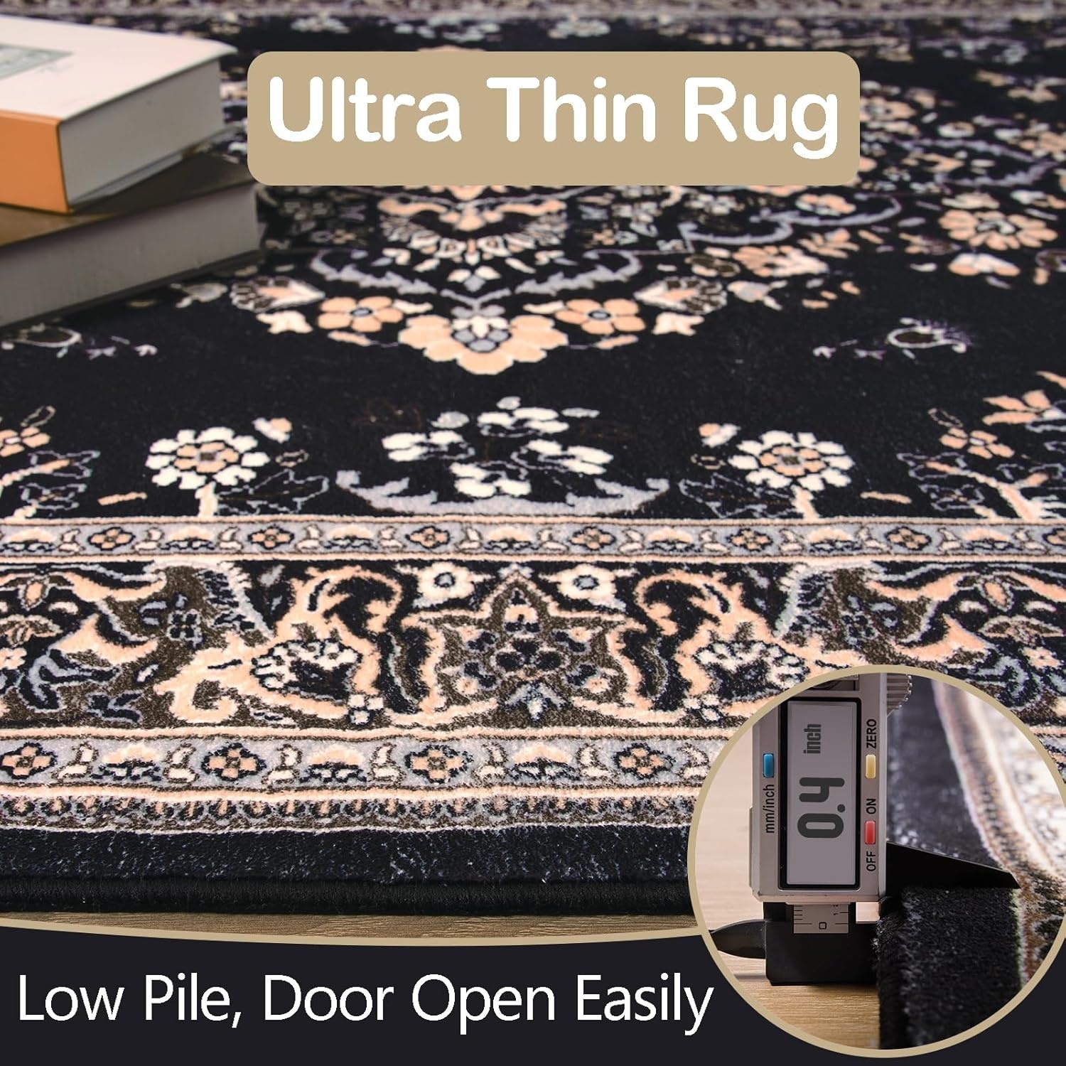 image:imageHOMORE Washable Area Rug 4x6 Black Rugs for Bedroom Living Room  Non Slip Low Pile Vintage Floral Throw Rugs for Entryway Kitchen Rug Dinning Room OfficeBlack