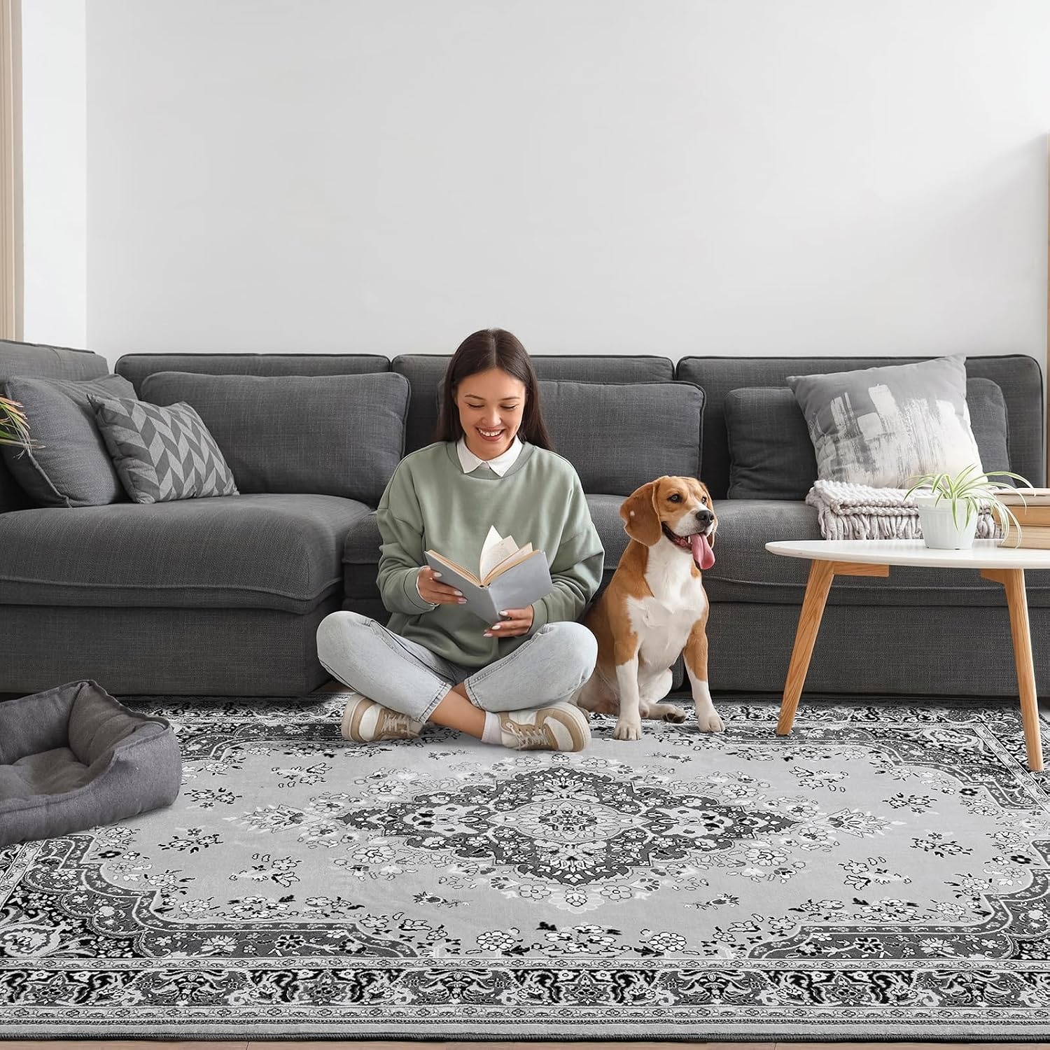 image:imageHOMORE Washable Area Rug 4x6 Black Rugs for Bedroom Living Room  Non Slip Low Pile Vintage Floral Throw Rugs for Entryway Kitchen Rug Dinning Room OfficeGrey