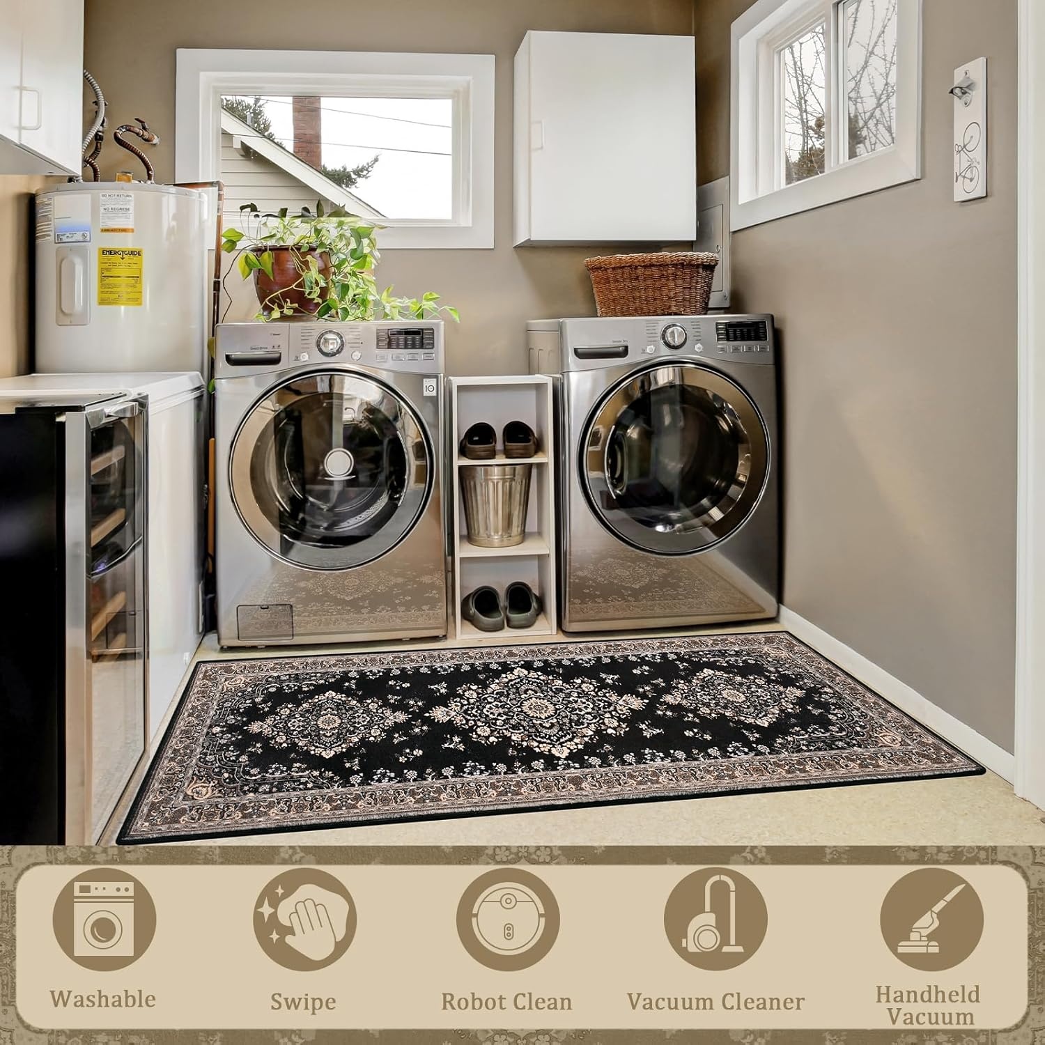 image:imageHOMORE Washable Area Rug 4x6 Black Rugs for Bedroom Living Room  Non Slip Low Pile Vintage Floral Throw Rugs for Entryway Kitchen Rug Dinning Room OfficeBlack