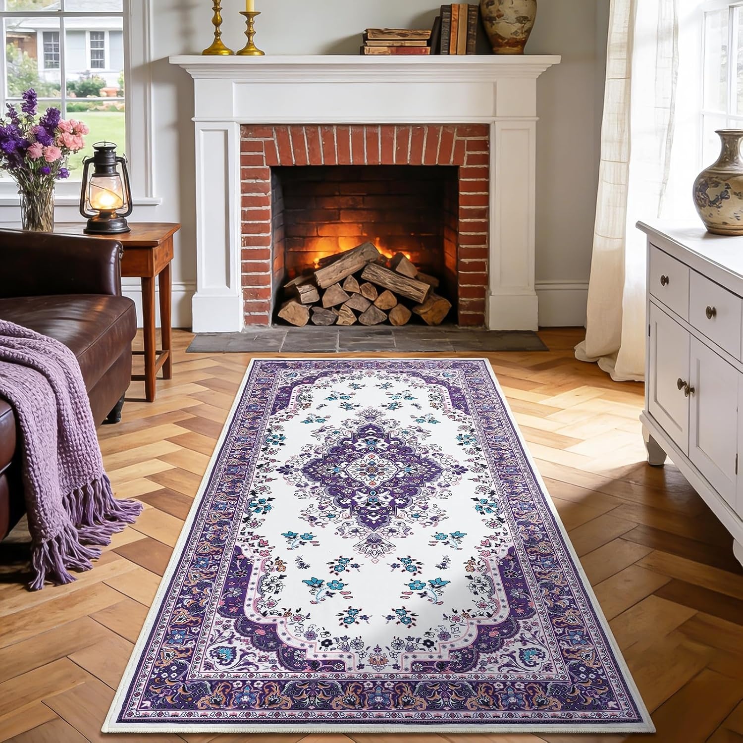 image:imageHOMORE Washable Area Rug 4x6 Black Rugs for Bedroom Living Room  Non Slip Low Pile Vintage Floral Throw Rugs for Entryway Kitchen Rug Dinning Room OfficePurple