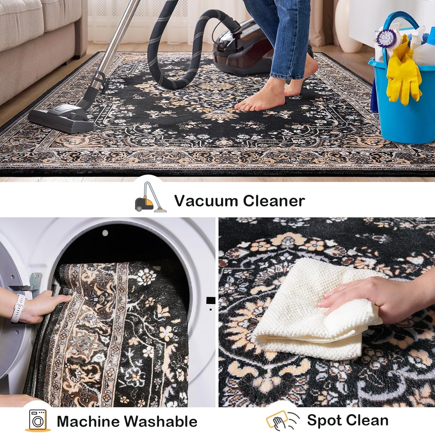 image:imageHOMORE Washable Area Rug 4x6 Black Rugs for Bedroom Living Room  Non Slip Low Pile Vintage Floral Throw Rugs for Entryway Kitchen Rug Dinning Room OfficeBlack