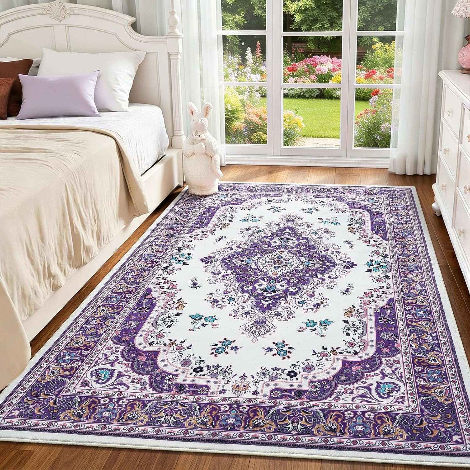 image:imageHOMORE Washable Area Rug 4x6 Black Rugs for Bedroom Living Room  Non Slip Low Pile Vintage Floral Throw Rugs for Entryway Kitchen Rug Dinning Room OfficePurple