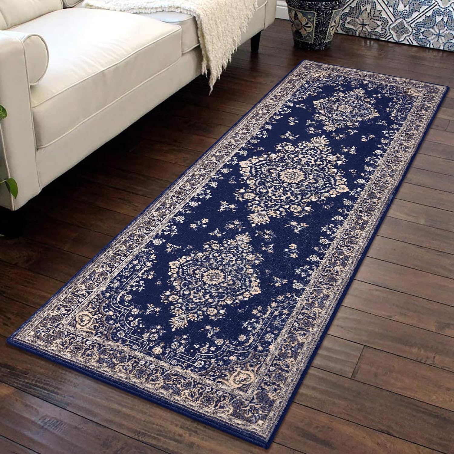 image:imageHOMORE Washable Area Rug 4x6 Black Rugs for Bedroom Living Room  Non Slip Low Pile Vintage Floral Throw Rugs for Entryway Kitchen Rug Dinning Room OfficeNavy Blue