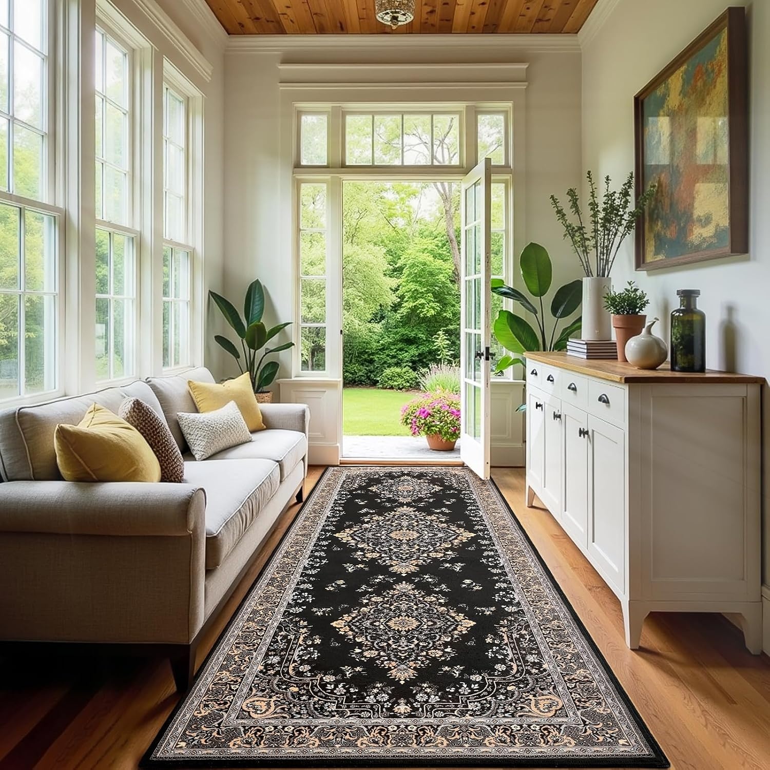 image:imageHOMORE Washable Area Rug 4x6 Black Rugs for Bedroom Living Room  Non Slip Low Pile Vintage Floral Throw Rugs for Entryway Kitchen Rug Dinning Room OfficeBlack
