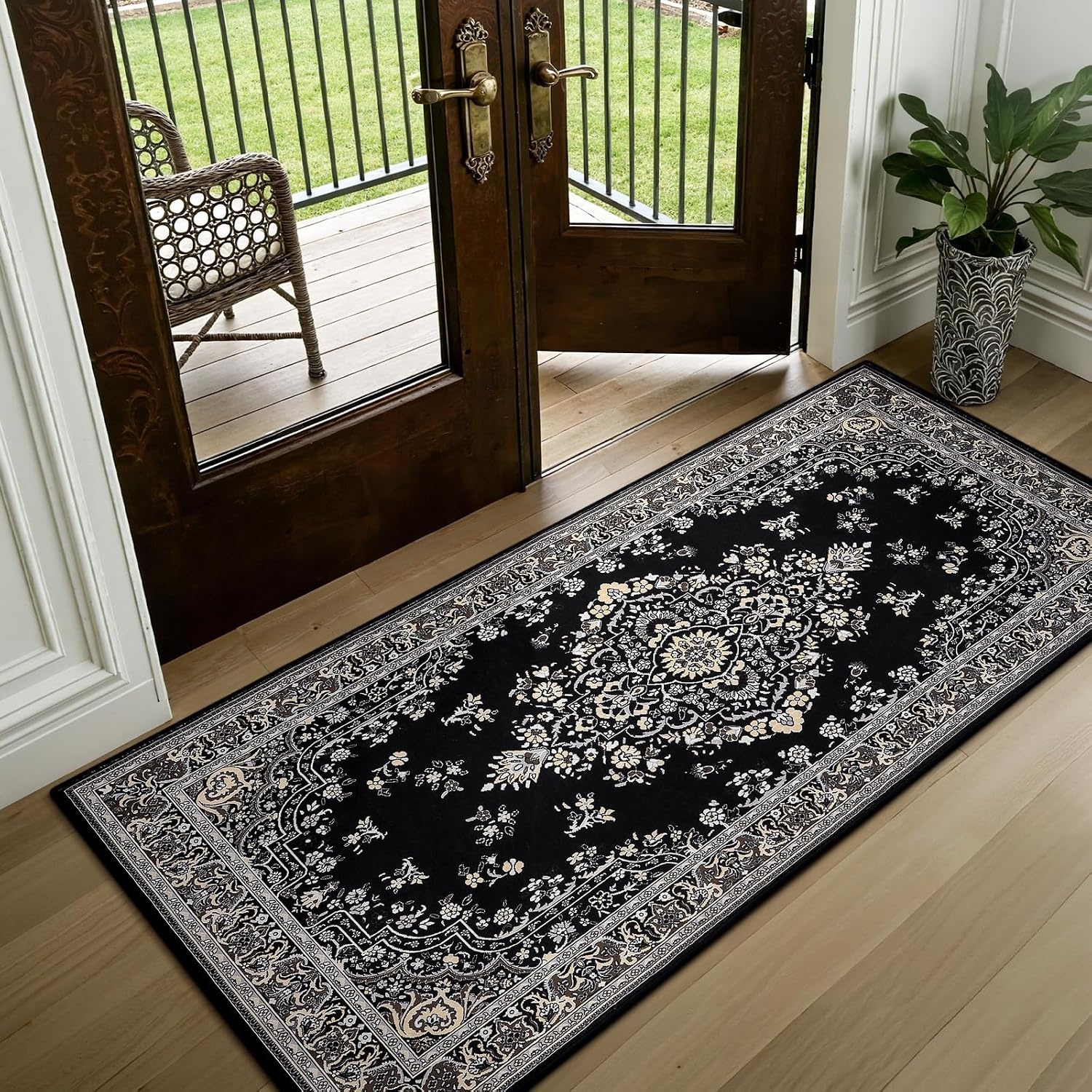 image:imageHOMORE Washable Area Rug 4x6 Black Rugs for Bedroom Living Room  Non Slip Low Pile Vintage Floral Throw Rugs for Entryway Kitchen Rug Dinning Room OfficeBlack