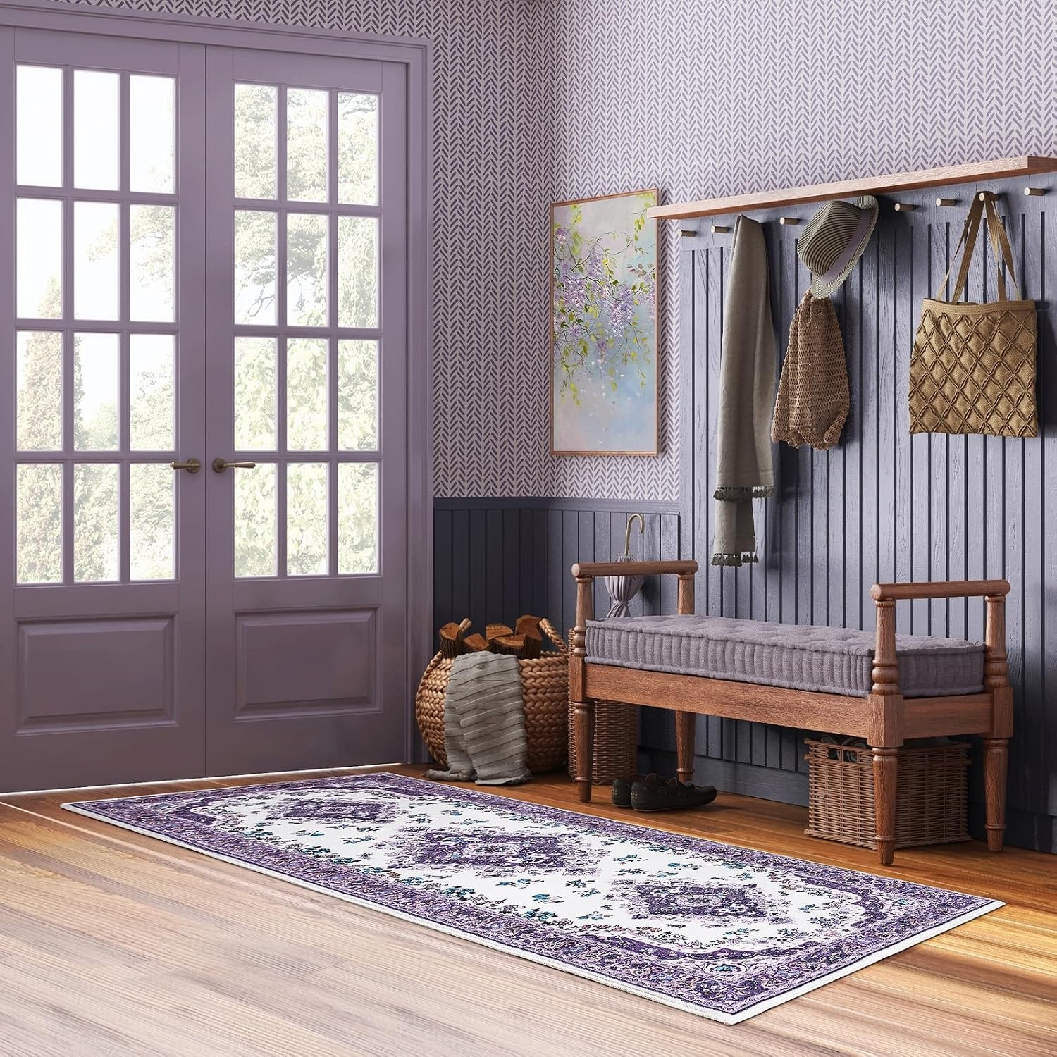 image:imageHOMORE Washable Area Rug 4x6 Black Rugs for Bedroom Living Room  Non Slip Low Pile Vintage Floral Throw Rugs for Entryway Kitchen Rug Dinning Room OfficePurple