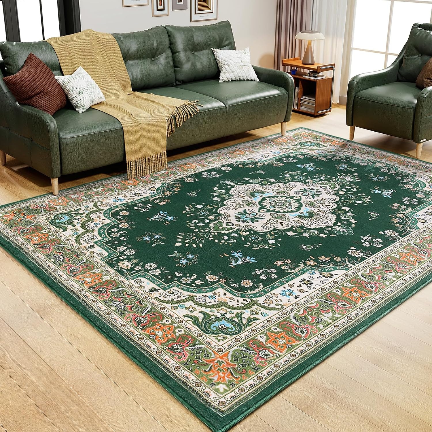 image:imageHOMORE Washable Area Rug 4x6 Black Rugs for Bedroom Living Room  Non Slip Low Pile Vintage Floral Throw Rugs for Entryway Kitchen Rug Dinning Room OfficeDeep Green