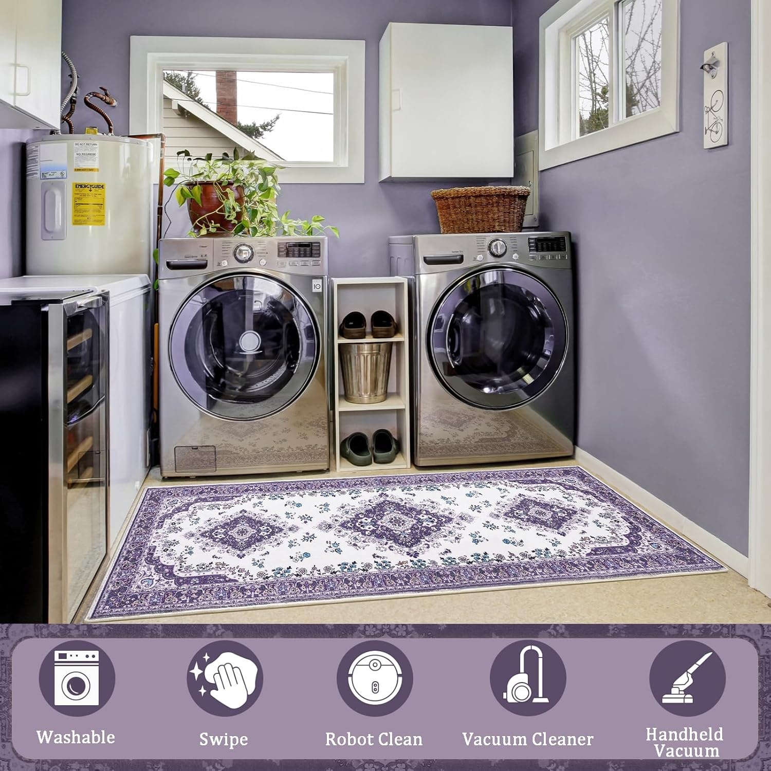 image:imageHOMORE Washable Area Rug 4x6 Black Rugs for Bedroom Living Room  Non Slip Low Pile Vintage Floral Throw Rugs for Entryway Kitchen Rug Dinning Room OfficePurple