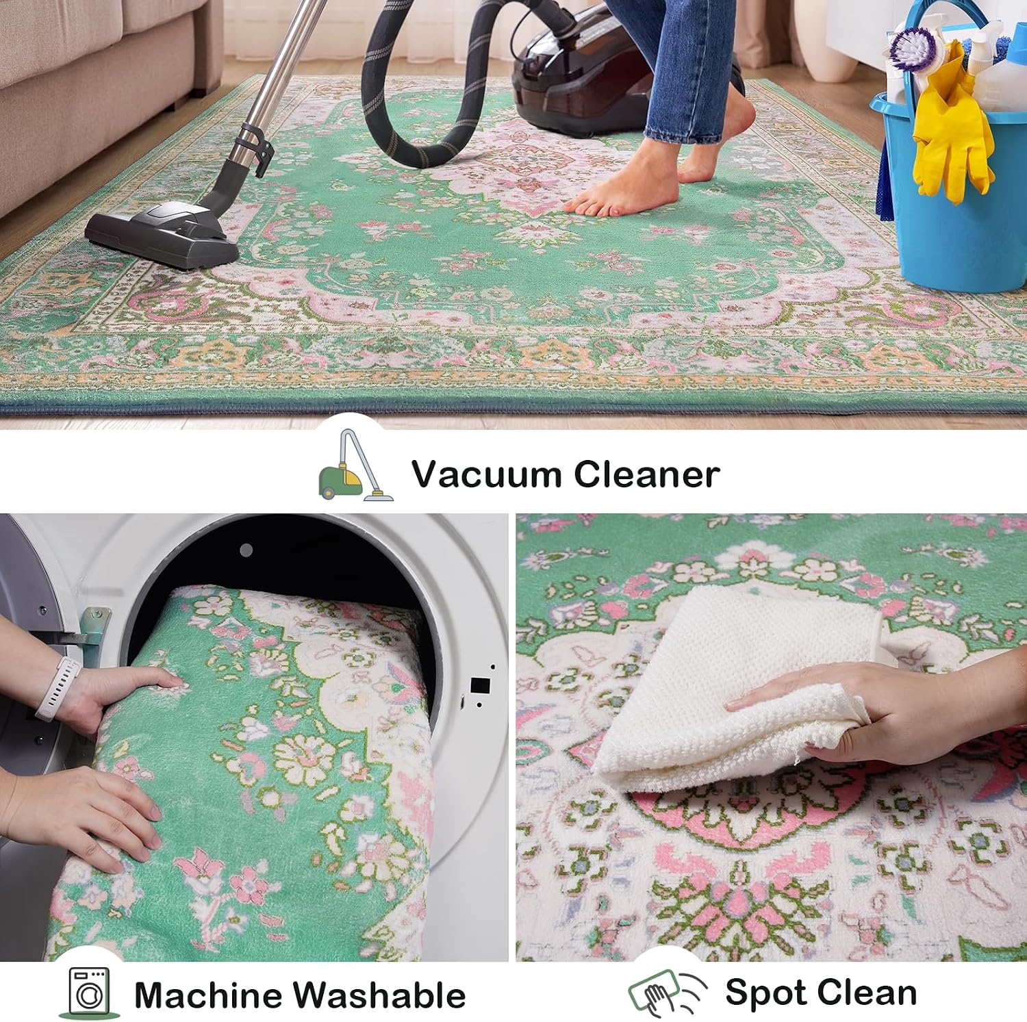 image:imageHOMORE Washable Area Rug 4x6 Black Rugs for Bedroom Living Room  Non Slip Low Pile Vintage Floral Throw Rugs for Entryway Kitchen Rug Dinning Room OfficeGreen