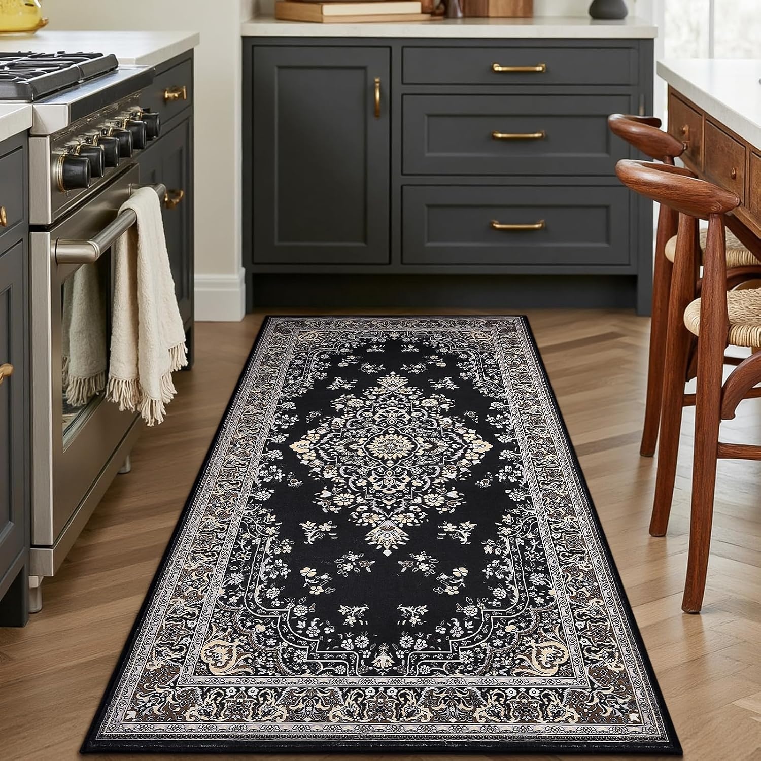 image:imageHOMORE Washable Area Rug 4x6 Black Rugs for Bedroom Living Room  Non Slip Low Pile Vintage Floral Throw Rugs for Entryway Kitchen Rug Dinning Room OfficeBlack