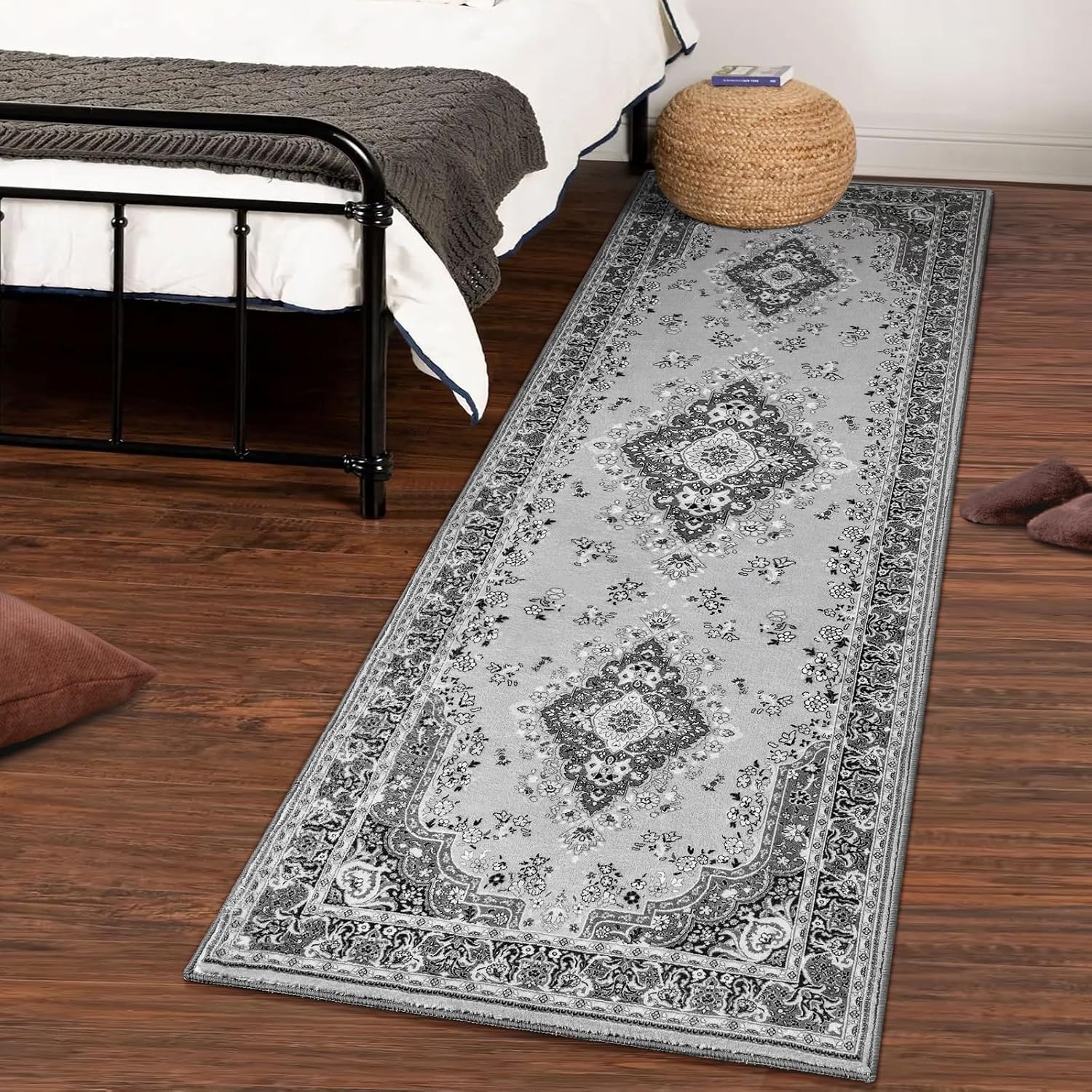 image:imageHOMORE Washable Area Rug 4x6 Black Rugs for Bedroom Living Room  Non Slip Low Pile Vintage Floral Throw Rugs for Entryway Kitchen Rug Dinning Room OfficeGrey