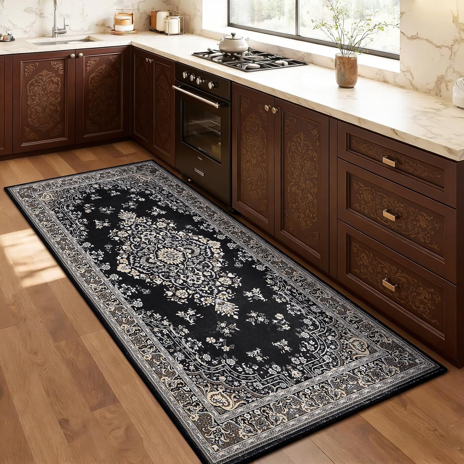 image:imageHOMORE Washable Area Rug 4x6 Black Rugs for Bedroom Living Room  Non Slip Low Pile Vintage Floral Throw Rugs for Entryway Kitchen Rug Dinning Room OfficeBlack