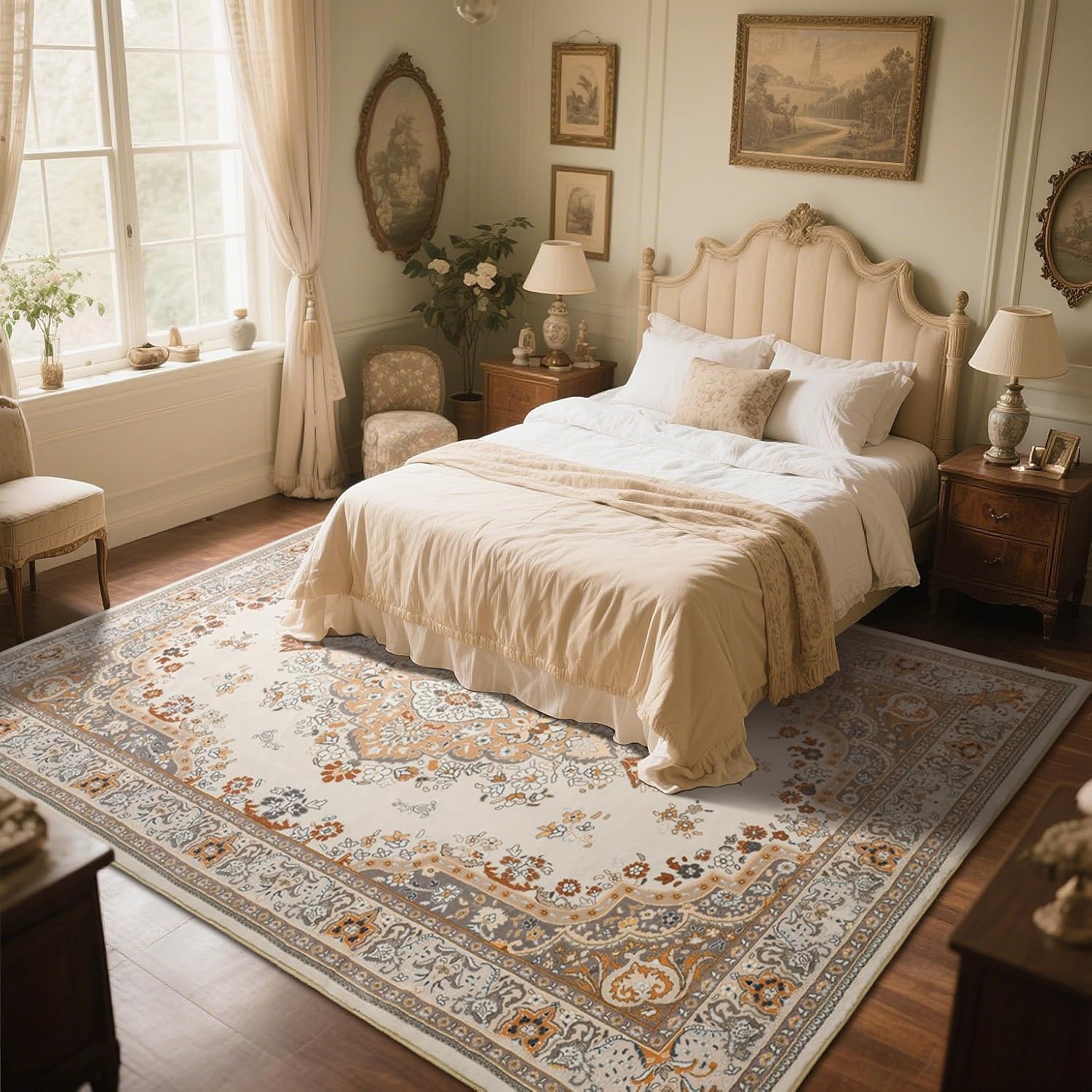 image:imageHOMORE Washable Area Rug 4x6 Black Rugs for Bedroom Living Room  Non Slip Low Pile Vintage Floral Throw Rugs for Entryway Kitchen Rug Dinning Room OfficeBeige