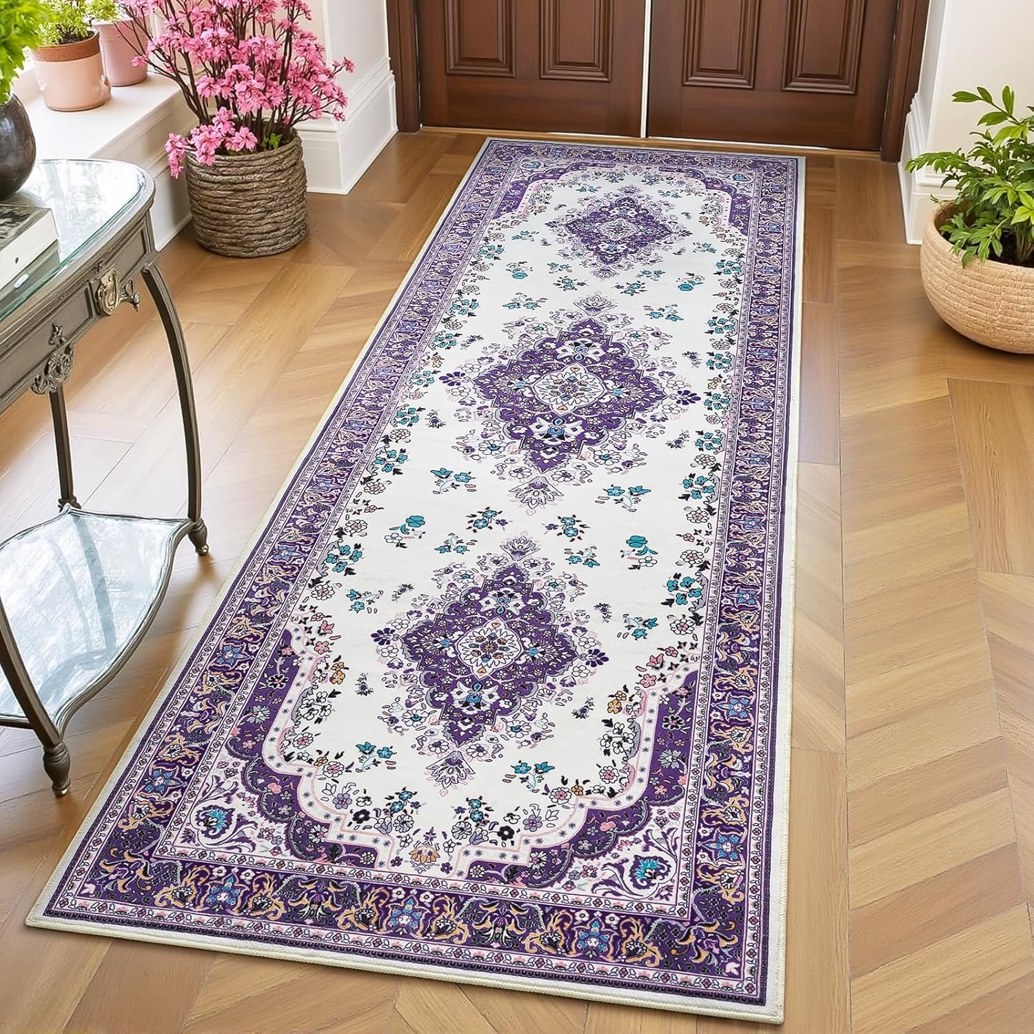 image:imageHOMORE Washable Area Rug 4x6 Black Rugs for Bedroom Living Room  Non Slip Low Pile Vintage Floral Throw Rugs for Entryway Kitchen Rug Dinning Room OfficePurple