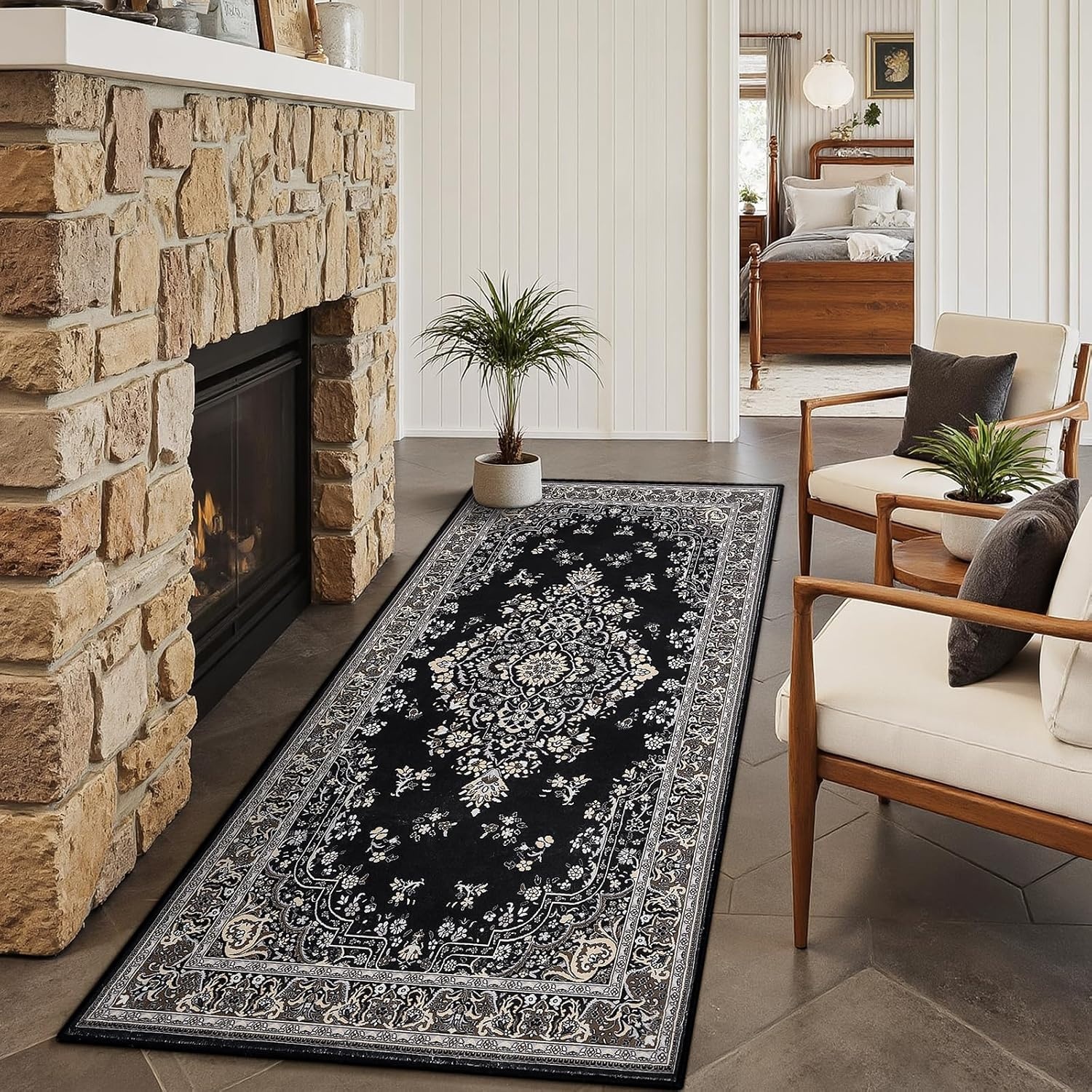 image:imageHOMORE Washable Area Rug 4x6 Black Rugs for Bedroom Living Room  Non Slip Low Pile Vintage Floral Throw Rugs for Entryway Kitchen Rug Dinning Room OfficeBlack