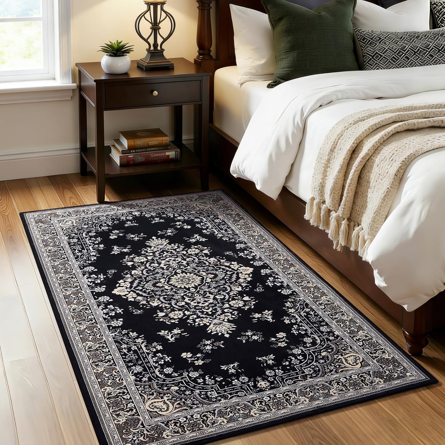 image:imageHOMORE Washable Area Rug 4x6 Black Rugs for Bedroom Living Room  Non Slip Low Pile Vintage Floral Throw Rugs for Entryway Kitchen Rug Dinning Room OfficeBlack